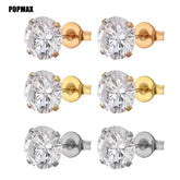 Metal Color: Gold-color, Main Stone Color: GRAY - POPMAX 1Pairs/2Pcs Stainless Steel Crystal Studs Earrings For Women Men 4 Prong Tragus Round Clear Cubic Zirconia Ear Jewelry