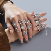 Metal Color: pink, Ring Size: resizable - LAViXMIA Alphabet A-Z Letter Never Fade Stainless Steel Rings Women Jewelry Fashion Initial Ring Adjustable Size Birthday Gifts