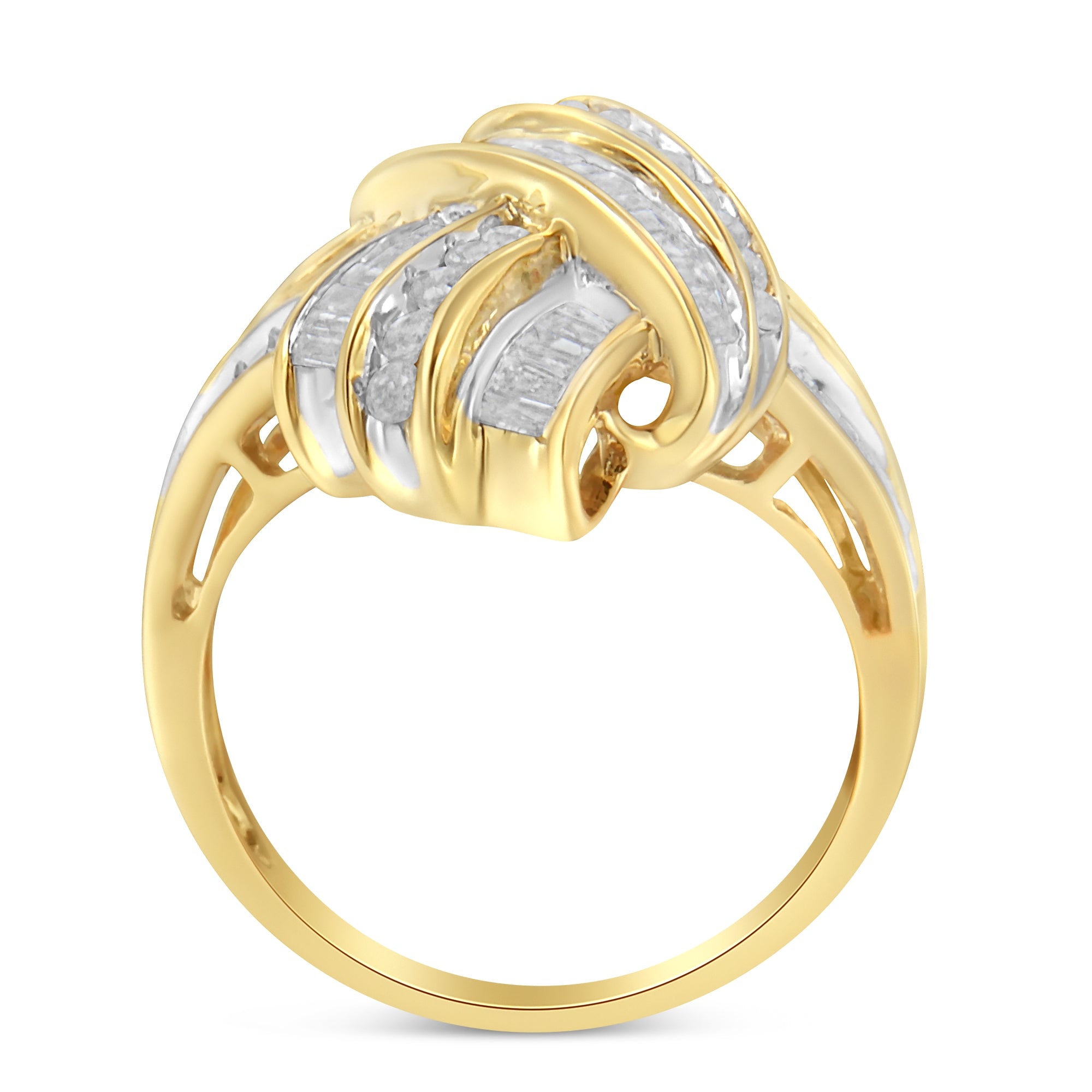 10K Yellow Gold Plated .925 Sterling Silver 1.0 Cttw Round & Baguette Diamond Knot Channel Statement Ring (I-J Color, I2-I3 Clarity) - Size 6-1/4