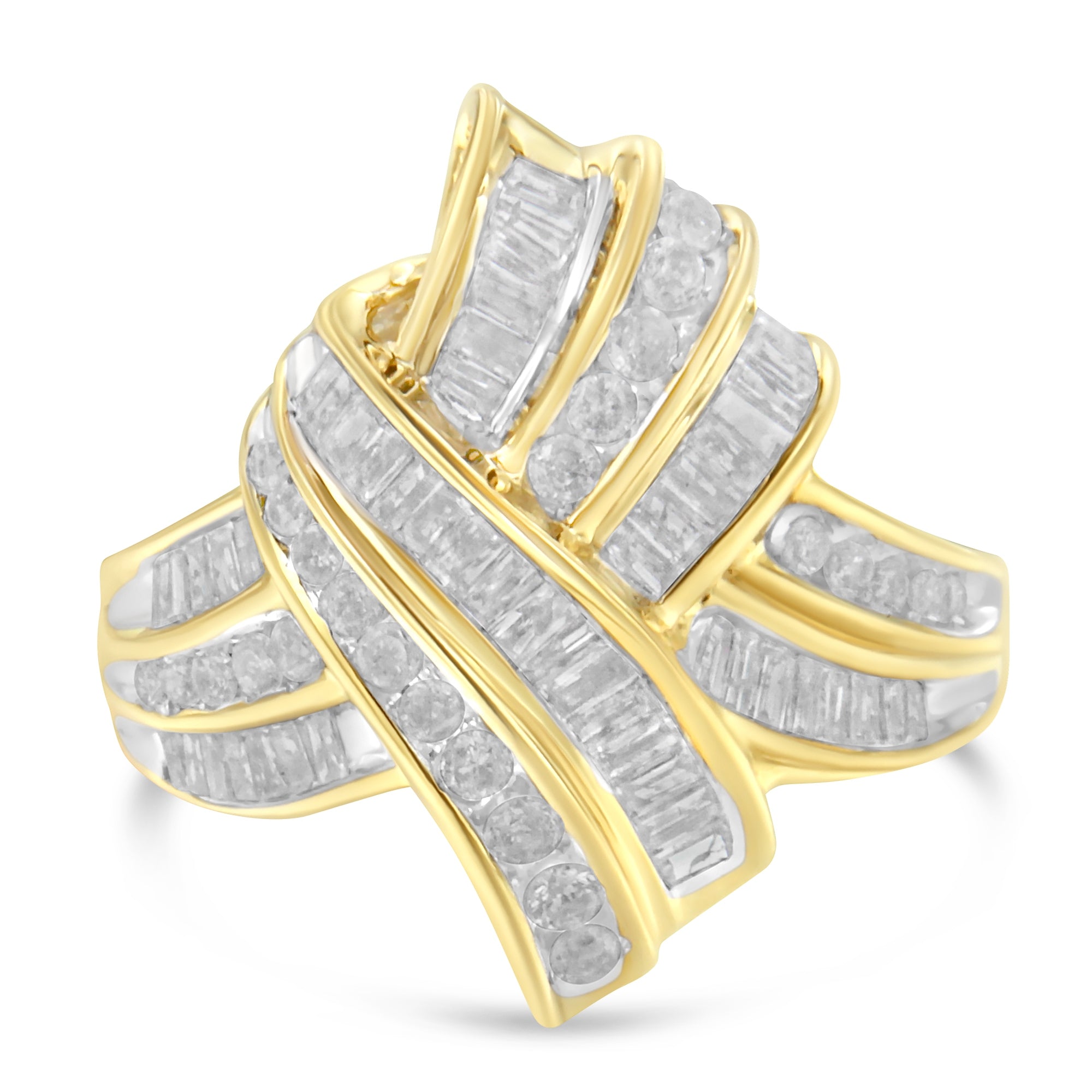 10K Yellow Gold Plated .925 Sterling Silver 1.0 Cttw Round & Baguette Diamond Knot Channel Statement Ring (I-J Color, I2-I3 Clarity) - Size 6-1/4