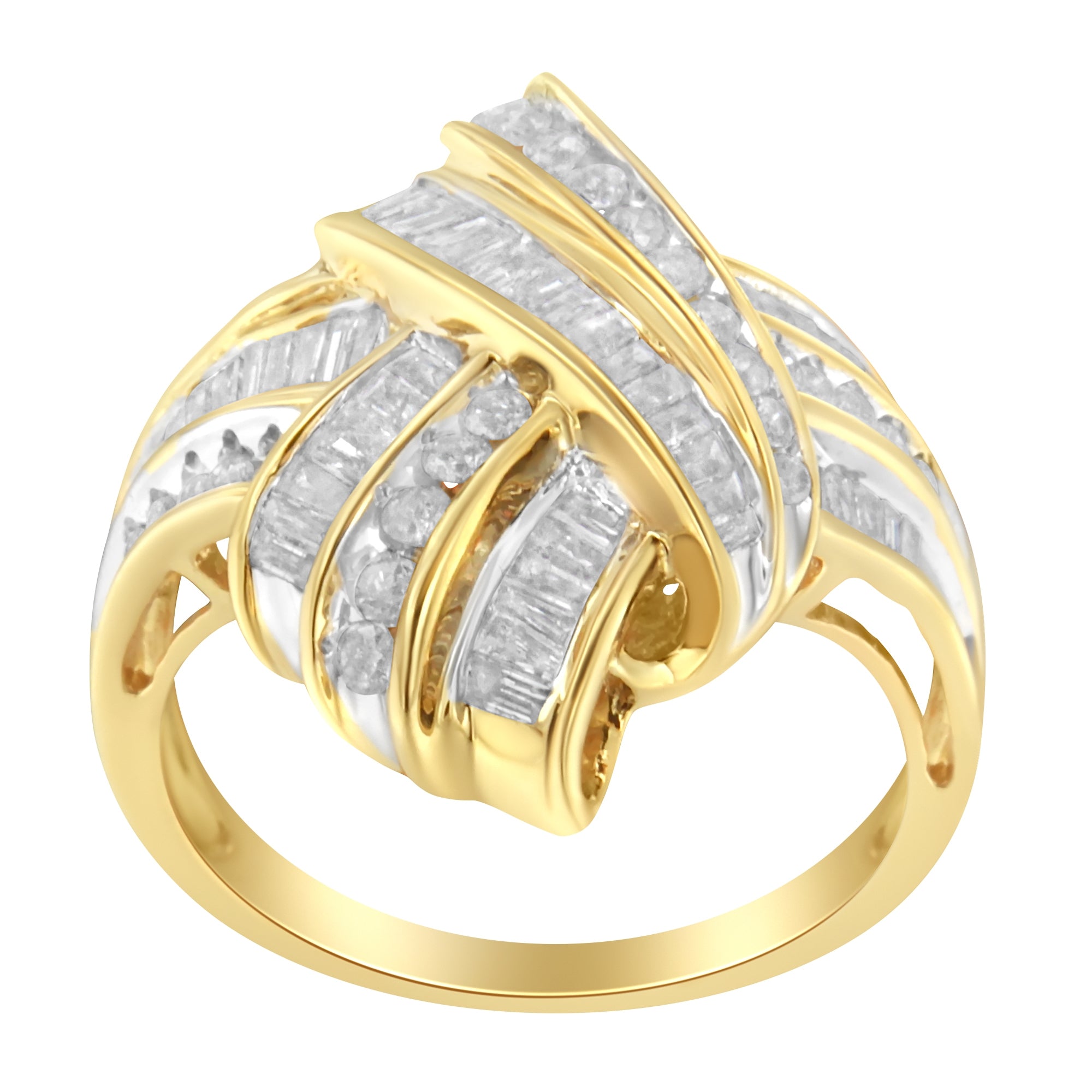 10K Yellow Gold Plated .925 Sterling Silver 1.0 Cttw Round & Baguette Diamond Knot Channel Statement Ring (I-J Color, I2-I3 Clarity) - Size 6-1/4