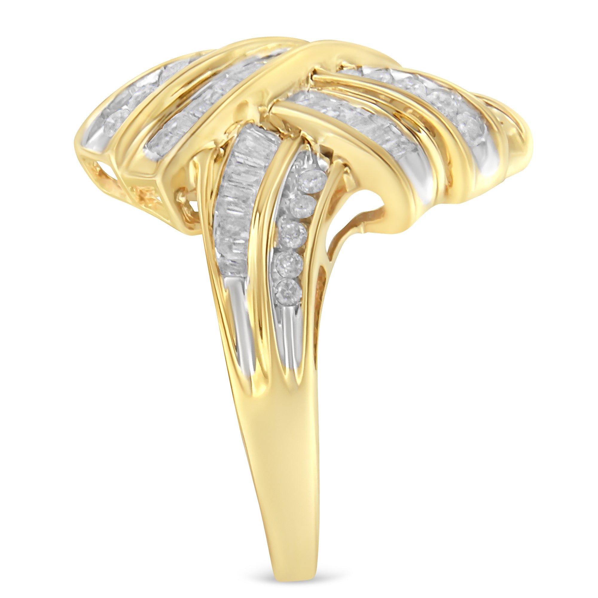 10K Yellow Gold Plated .925 Sterling Silver 1.0 Cttw Round & Baguette Diamond Knot Channel Statement Ring (I-J Color, I2-I3 Clarity) - Size 6-1/4