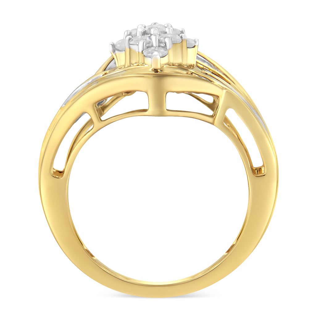 10K Yellow Gold over .925 Sterling Silver Diamond Bypass Cluster Ring (1 Cttw, I-J Color, I2-I3 Clarity) - Size 7