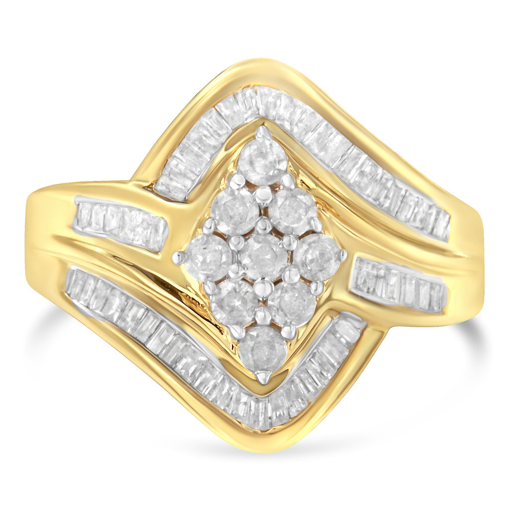 10K Yellow Gold over .925 Sterling Silver Diamond Bypass Cluster Ring (1 Cttw, I-J Color, I2-I3 Clarity) - Size 7