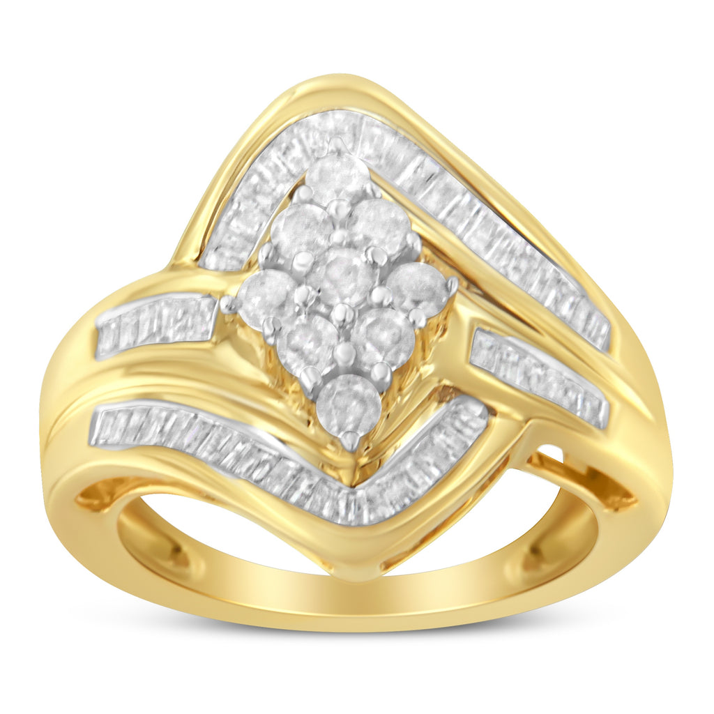 10K Yellow Gold over .925 Sterling Silver Diamond Bypass Cluster Ring (1 Cttw, I-J Color, I2-I3 Clarity) - Size 7