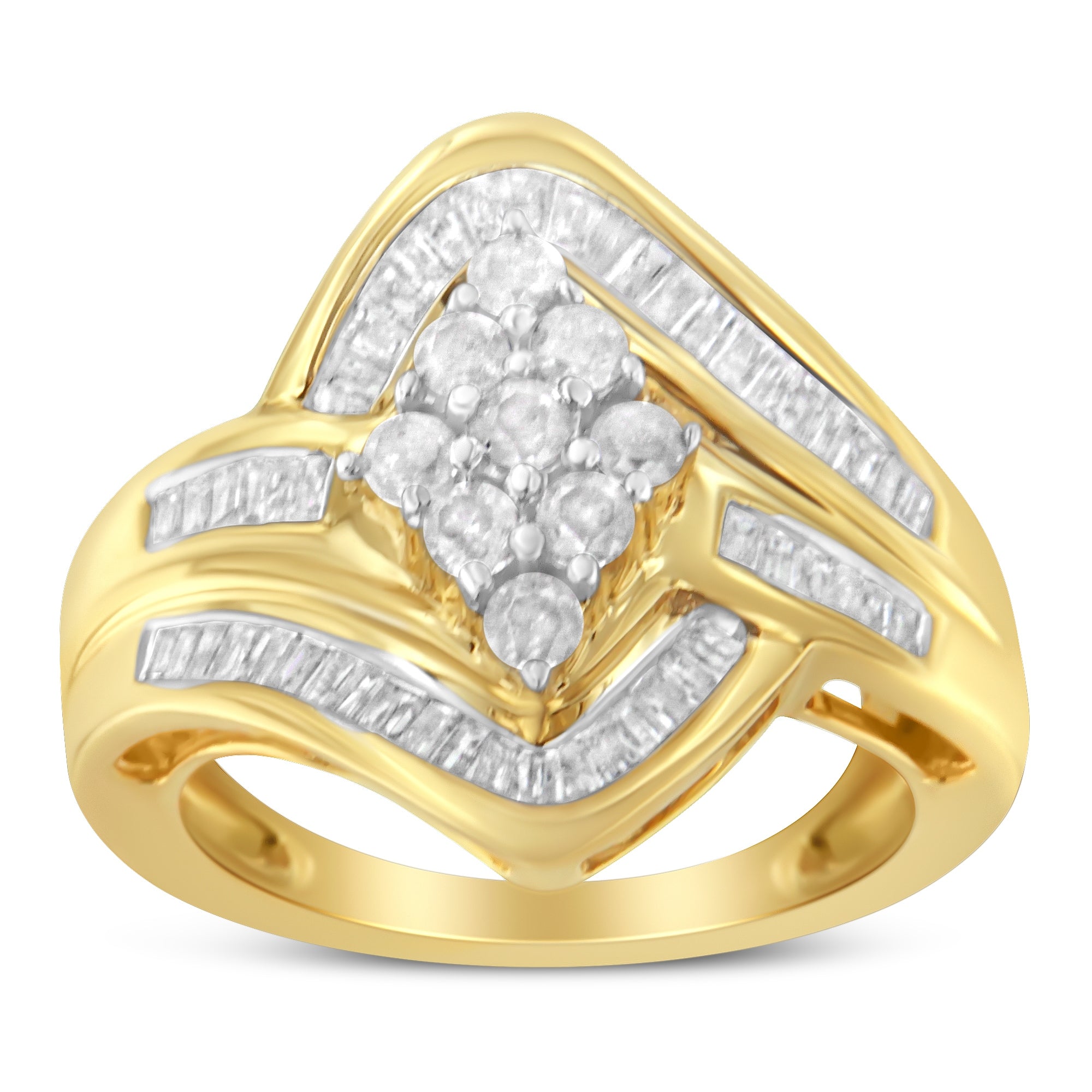 10K Yellow Gold over .925 Sterling Silver Diamond Bypass Cluster Ring (1 Cttw, I-J Color, I2-I3 Clarity) - Size 7