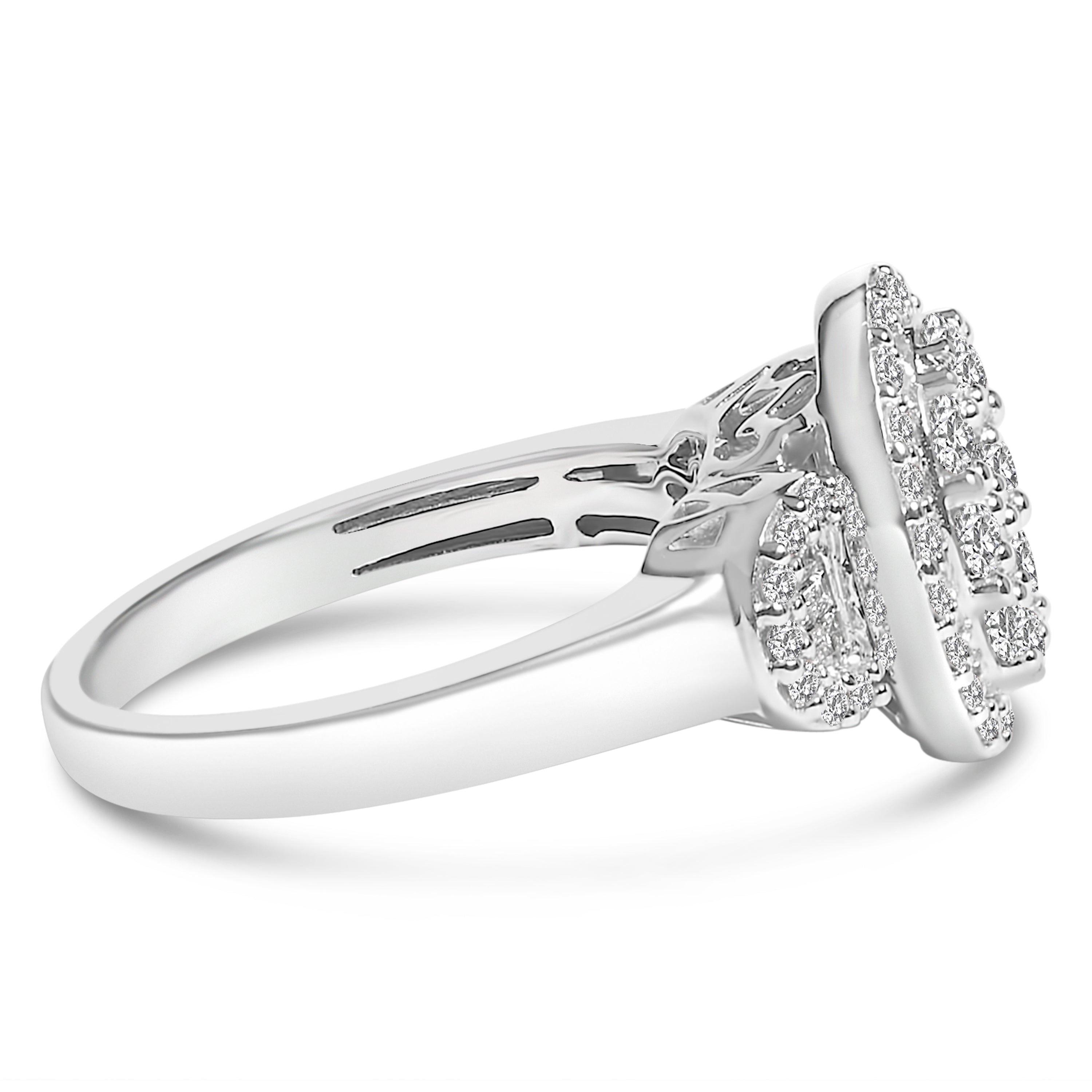Silver ring with diamond accents on a white background