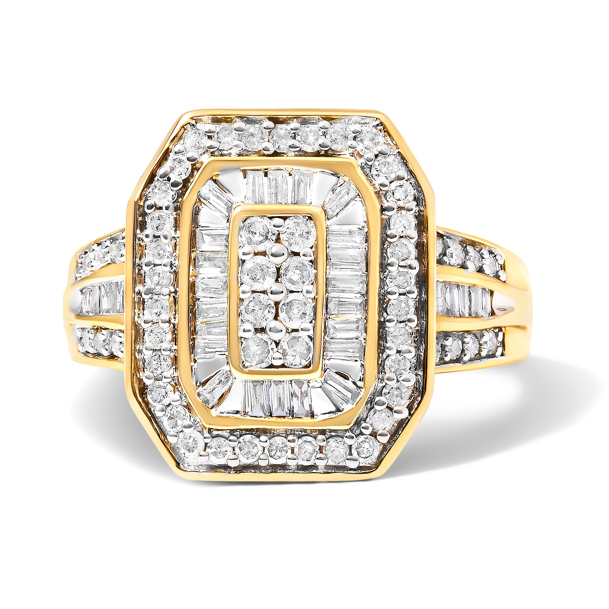 10K Yellow Gold 1.0 Cttw Diamond Vintage Inspired Baguette-Cut Double Halo Emerald-Shaped Frame Cocktail Ring (I-J Color, I1-I2 Clarity) - Size 8