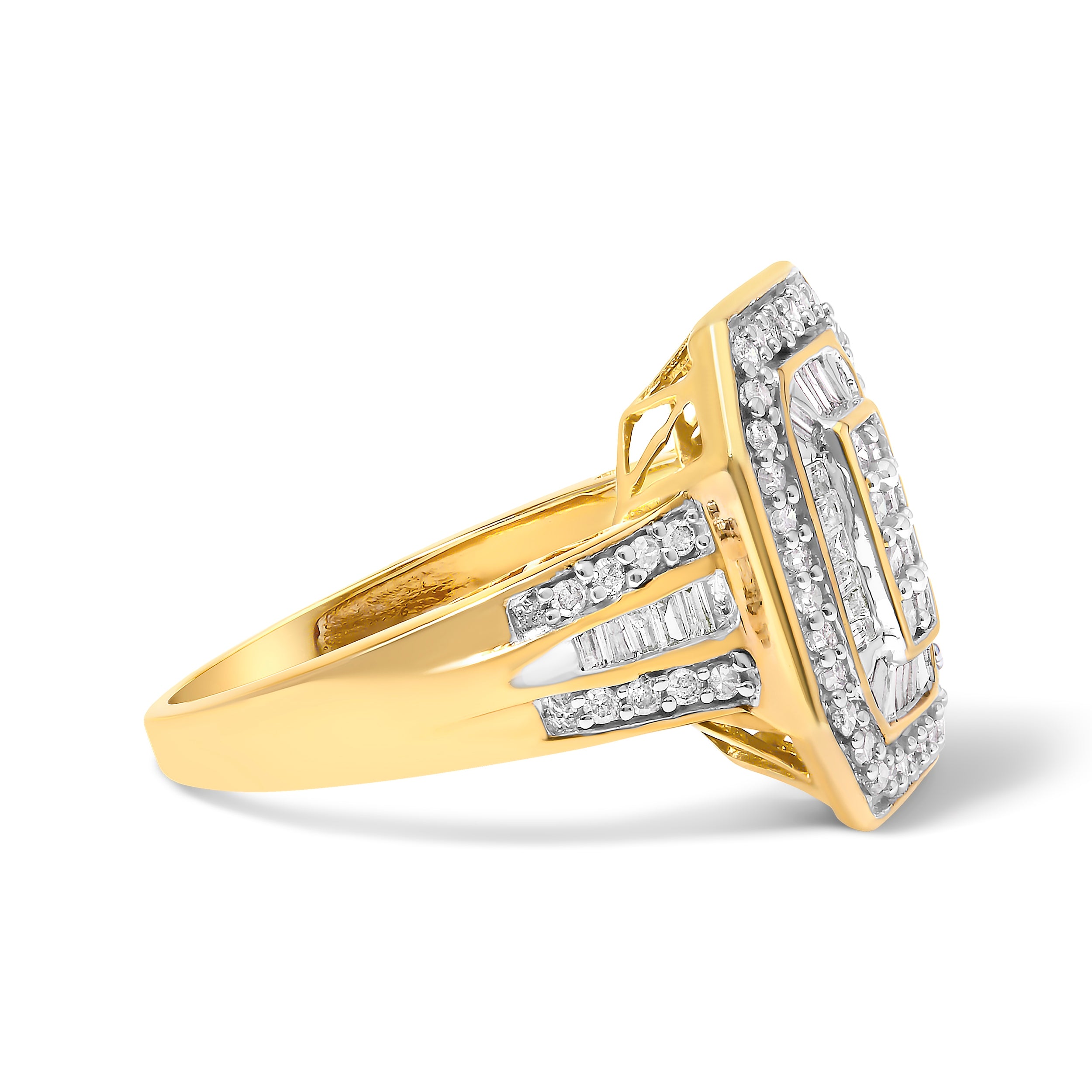 10K Yellow Gold 1.0 Cttw Diamond Vintage Inspired Baguette-Cut Double Halo Emerald-Shaped Frame Cocktail Ring (I-J Color, I1-I2 Clarity) - Size 8