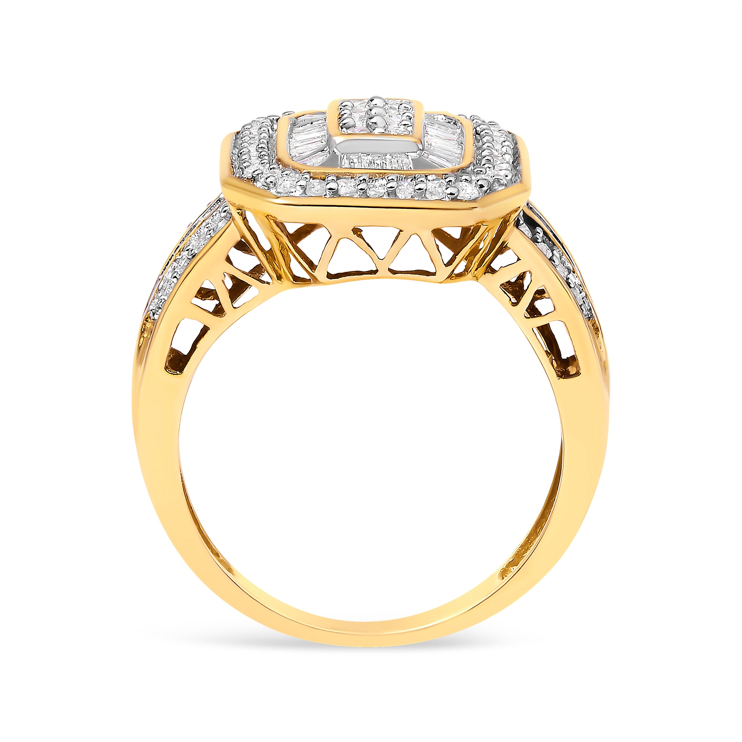 10K Yellow Gold 1.0 Cttw Diamond Vintage Inspired Baguette-Cut Double Halo Emerald-Shaped Frame Cocktail Ring (I-J Color, I1-I2 Clarity) - Size 8