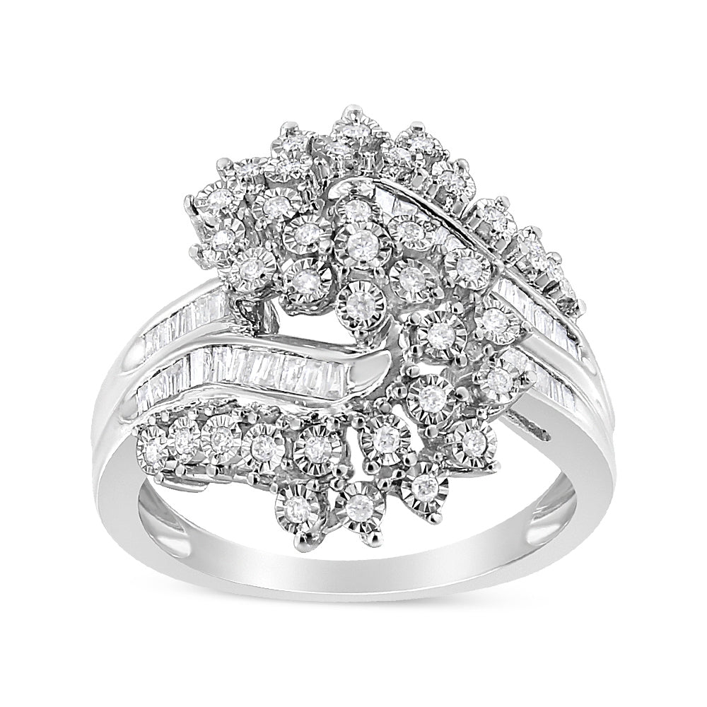 10K White Gold 1/2 Cttw Round and Baguette-Cut "S" Shaped Bypass Cocktail Ring (I-J Color, I1-I2 Clarity) - Size 6