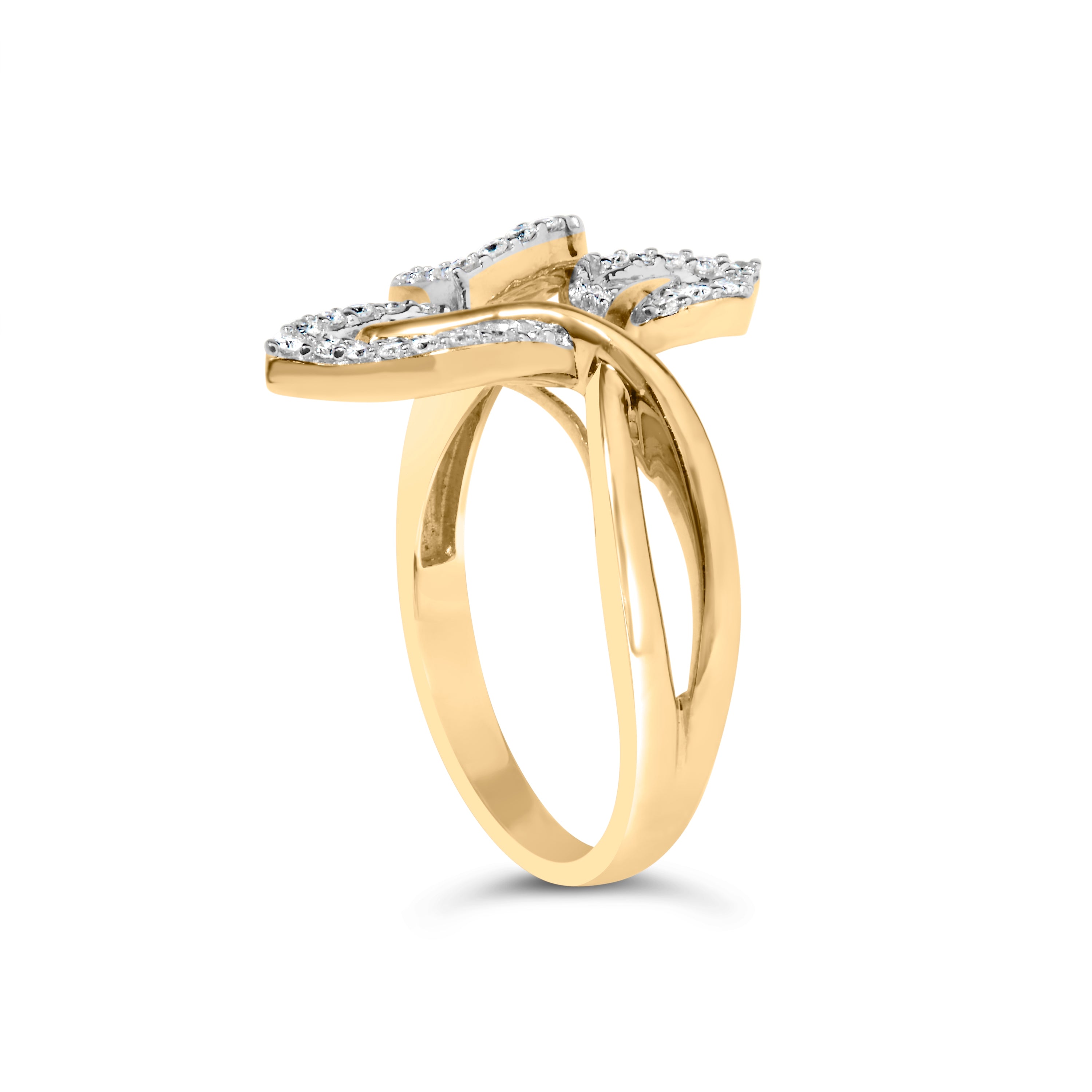 10k Yellow and White Gold 1/2 Cttw Baguette and Round Diamond Bypass Triple Leaf Ring (I-J Color, I1-I2 Clarity) - Size 8