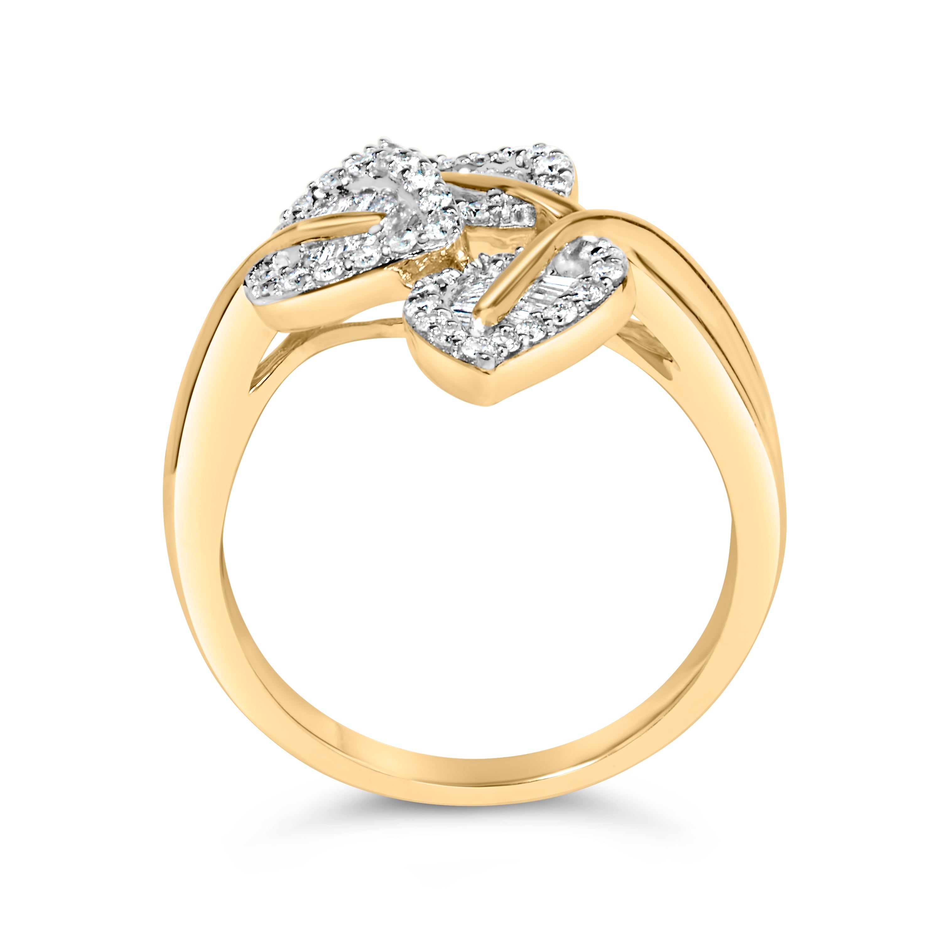10k Yellow and White Gold 1/2 Cttw Baguette and Round Diamond Bypass Triple Leaf Ring (I-J Color, I1-I2 Clarity) - Size 8