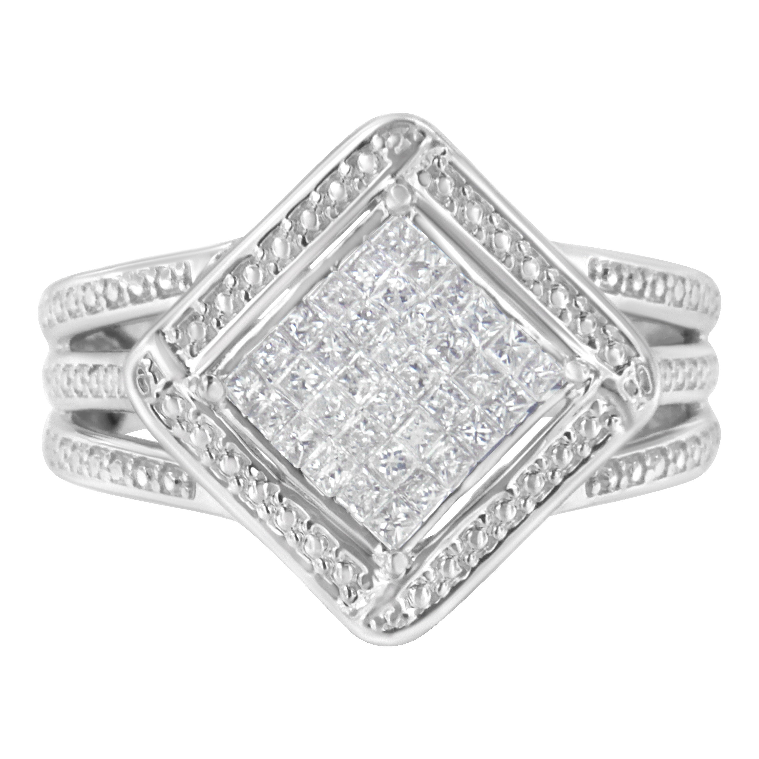 .925 Sterling Silver 2/5 Cttw Princess Cut Diamond Square On Point Cluster Composite Cocktail Ring (H-I Color, SI1-SI2 Clarity) - Size 6-1/2