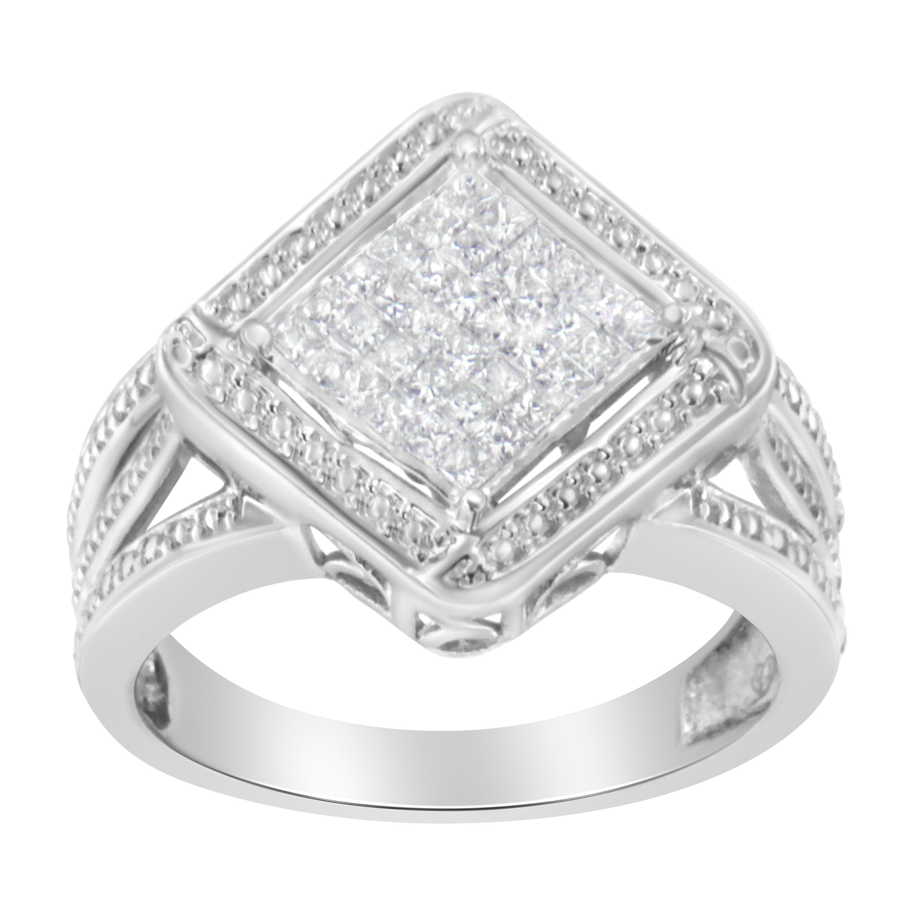 .925 Sterling Silver 2/5 Cttw Princess Cut Diamond Square On Point Cluster Composite Cocktail Ring (H-I Color, SI1-SI2 Clarity) - Size 6-1/2