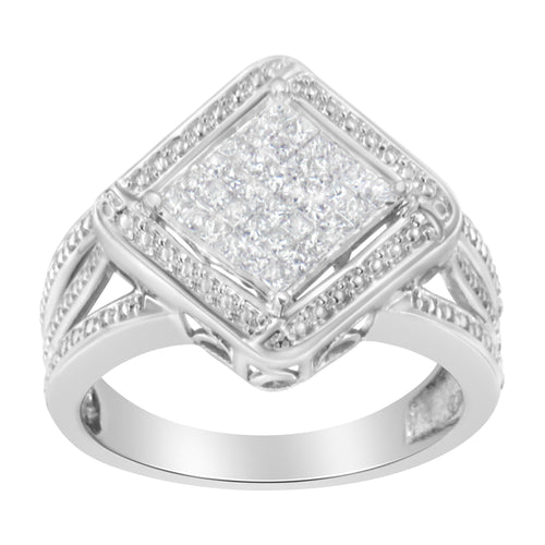 .925 Sterling Silver 2/5 Cttw Princess Cut Diamond Square On Point Cluster Composite Cocktail Ring (H-I Color, SI1-SI2 Clarity) - Size 6-1/2