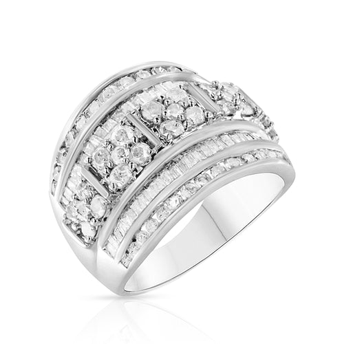 .925 Sterling Silver 2.0 Cttw Round & Baguette Cut Diamond Multi-Row Channel Set Tapered Cocktail Fashion Ring (I-J Color, I3 Clarity) - Size 9
