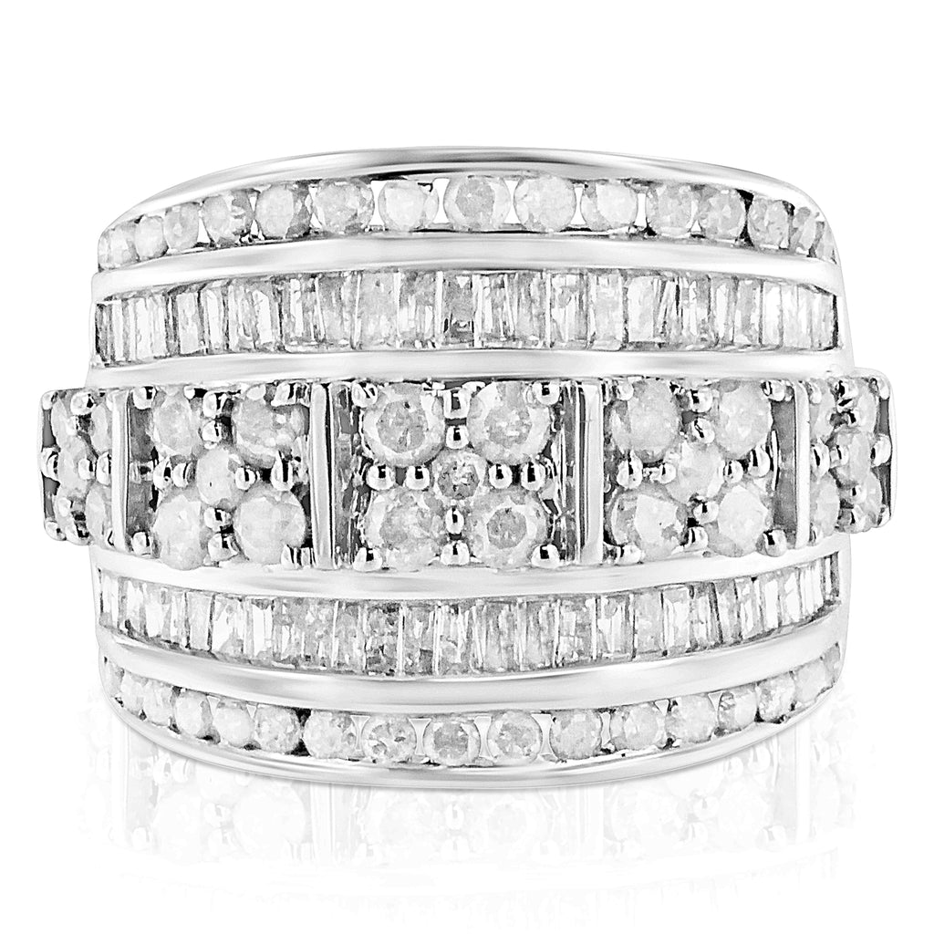 .925 Sterling Silver 2.0 Cttw Round & Baguette Cut Diamond Multi-Row Channel Set Tapered Cocktail Fashion Ring (I-J Color, I3 Clarity) - Size 9