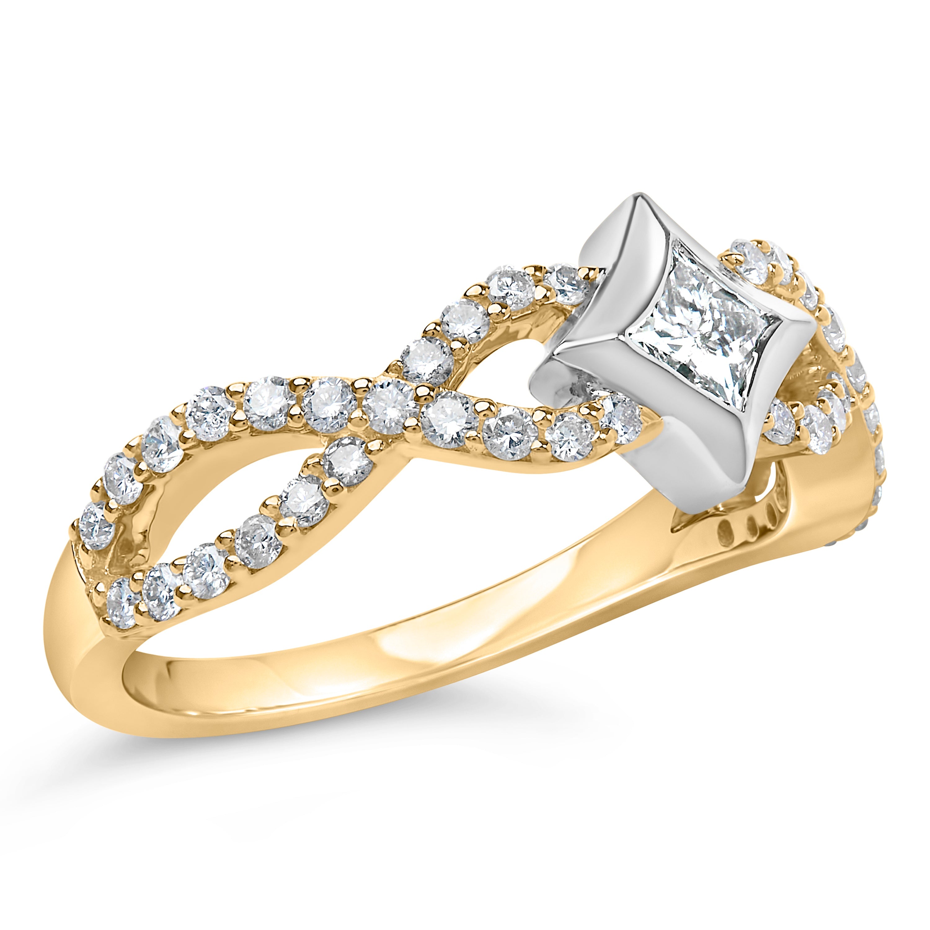 Gold and silver ring with diamond accents on a white background