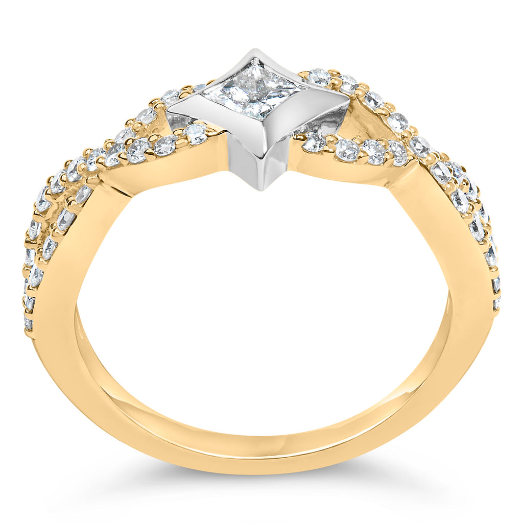 Gold ring with a central diamond and smaller diamonds on a white background