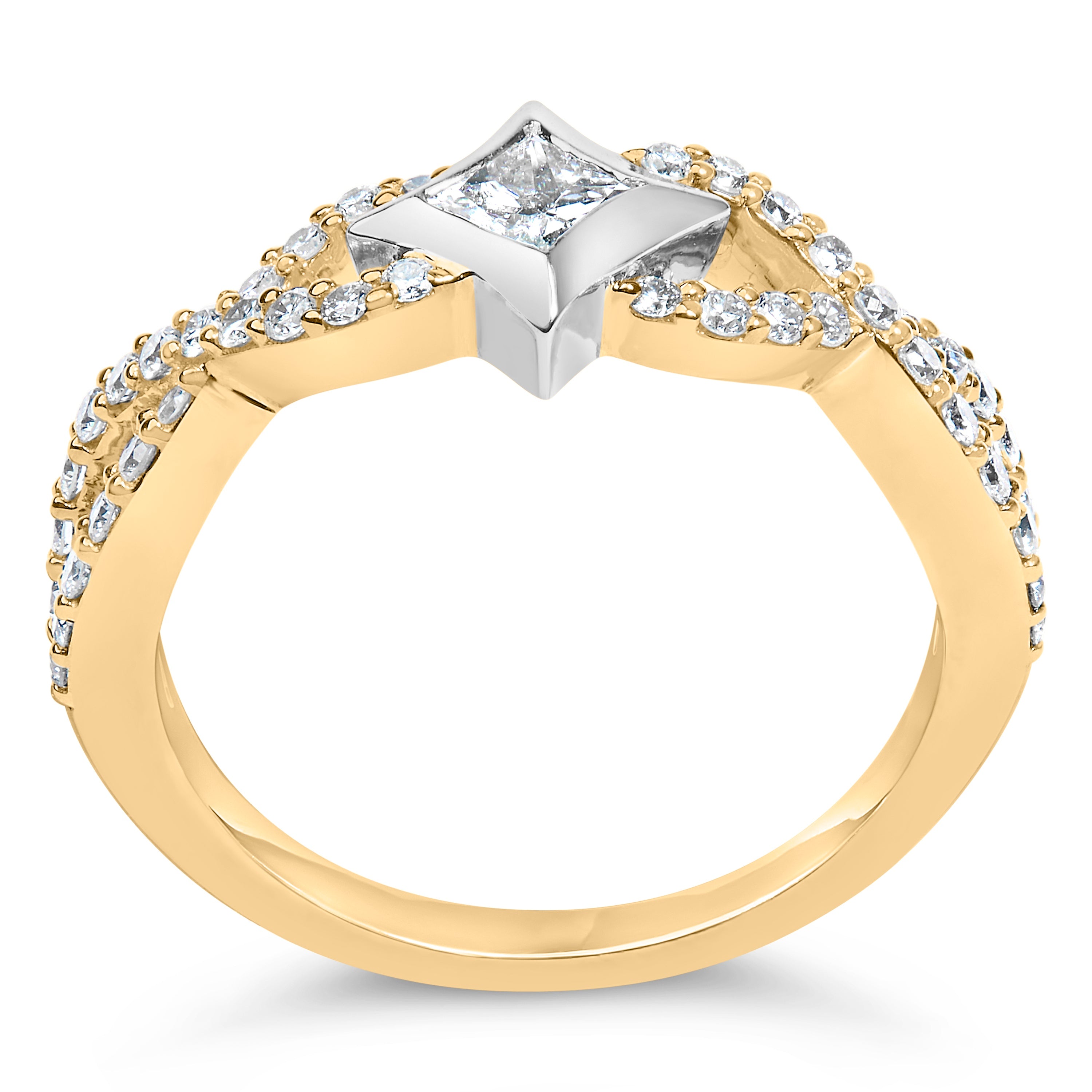Gold ring with a central diamond and smaller diamonds on a white background