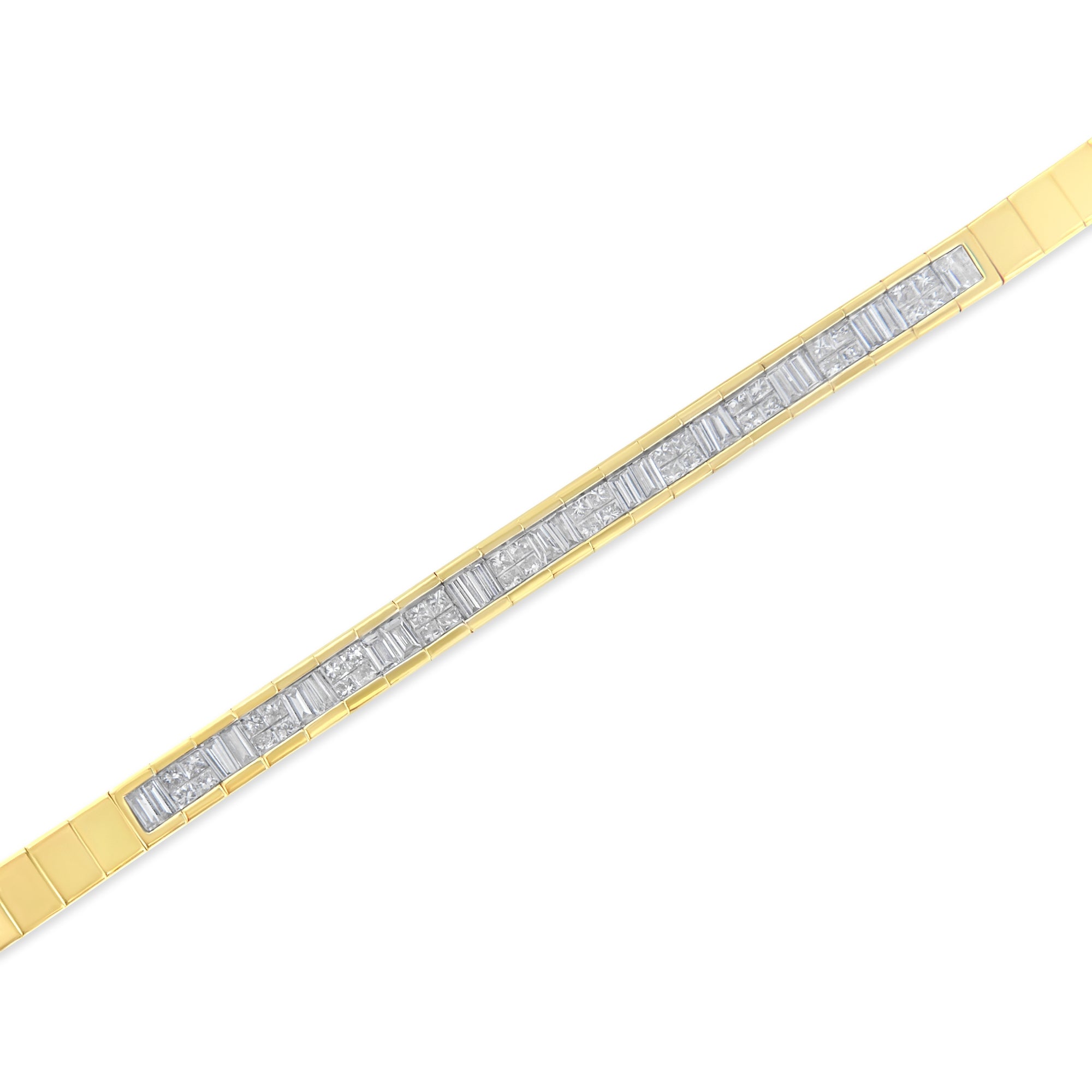 سوار تنس من الذهب الأصفر عيار 14 قيراطًا مرصّع بالماس بقصتي الأميرة والباجيت بوزن 1-1/10 قيراط، وطول 7 بوصات بتصميم حجري متناوب (اللون G-H، النقاء VS1-VS2)