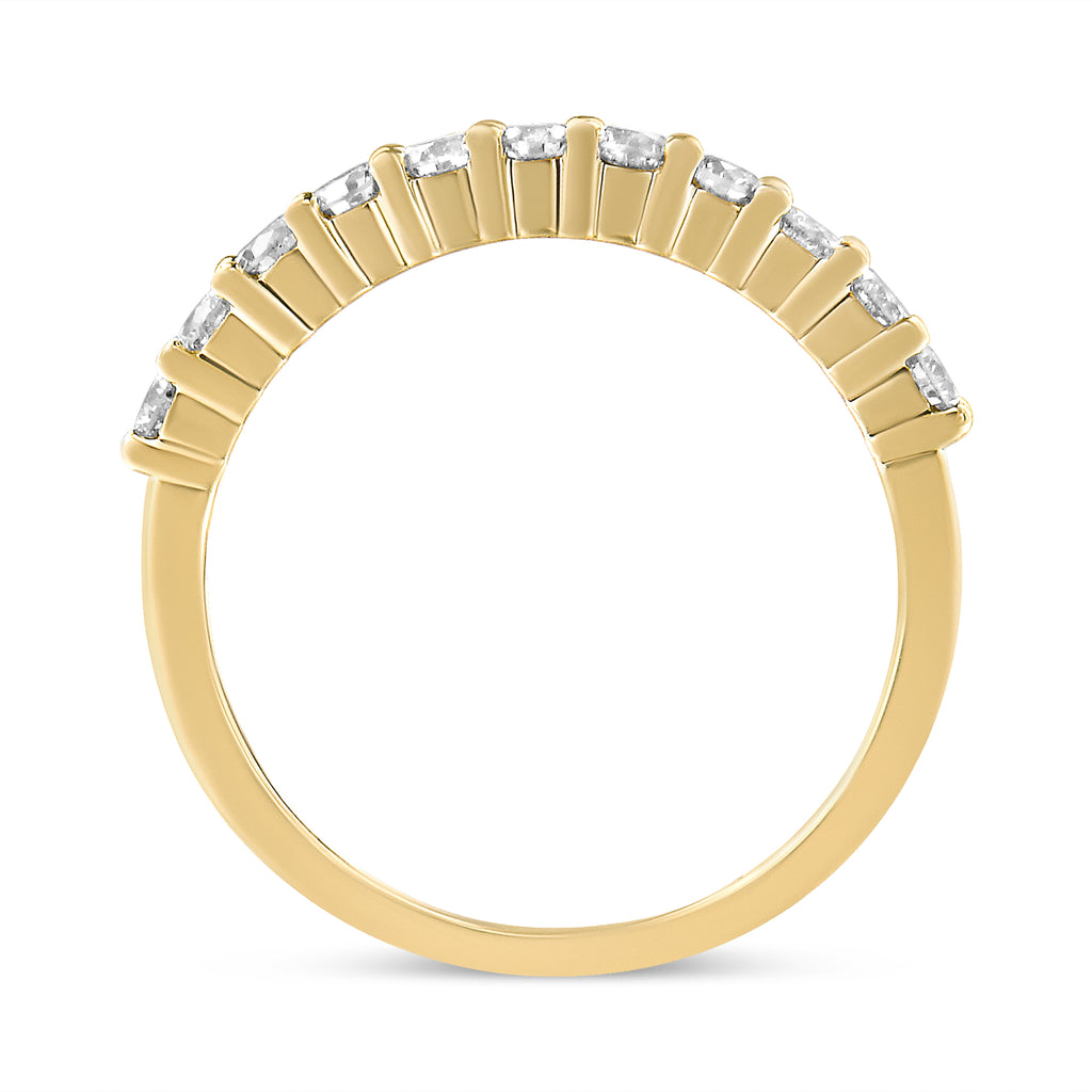 14K Yellow Gold Plated .925 Sterling Silver 1/2 cttw Shared Prong Set Brilliant Round-Cut Diamond 11 Stone Band Ring (J-K Color, I1-I2 Clarity) - Size 6