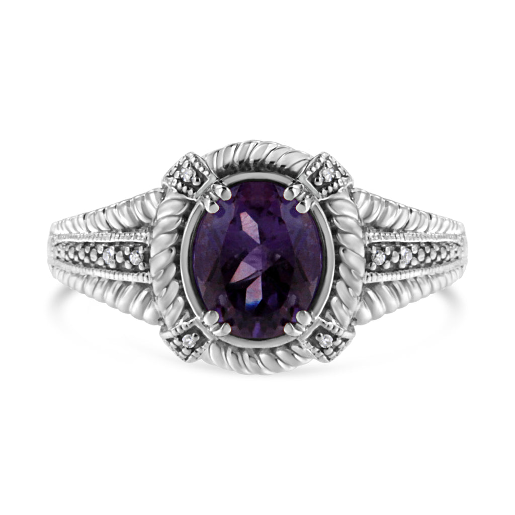 .925 Sterling Silver Prong Set Natural Oval Shape 9X7 MM Purple Amethyst Solitaire and Diamond Accent Ring (I-J Color, I1-I2 Clarity) - Ring Size 8