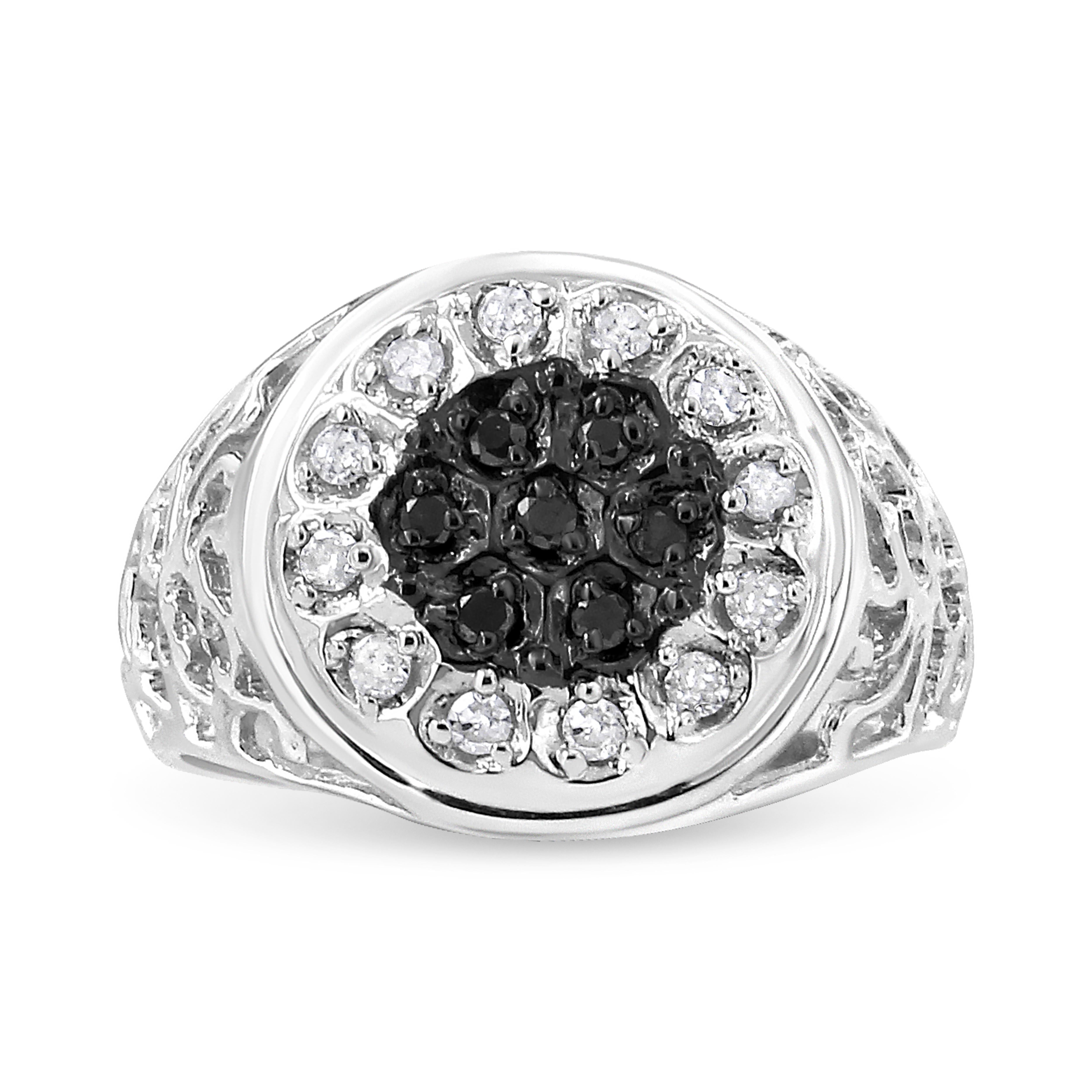 .925 Sterling Silver 1/4 Cttw White and Black Treated Diamond Halo Cluster Ring for Men (I-J Color, I3 Clarity) - Size 10