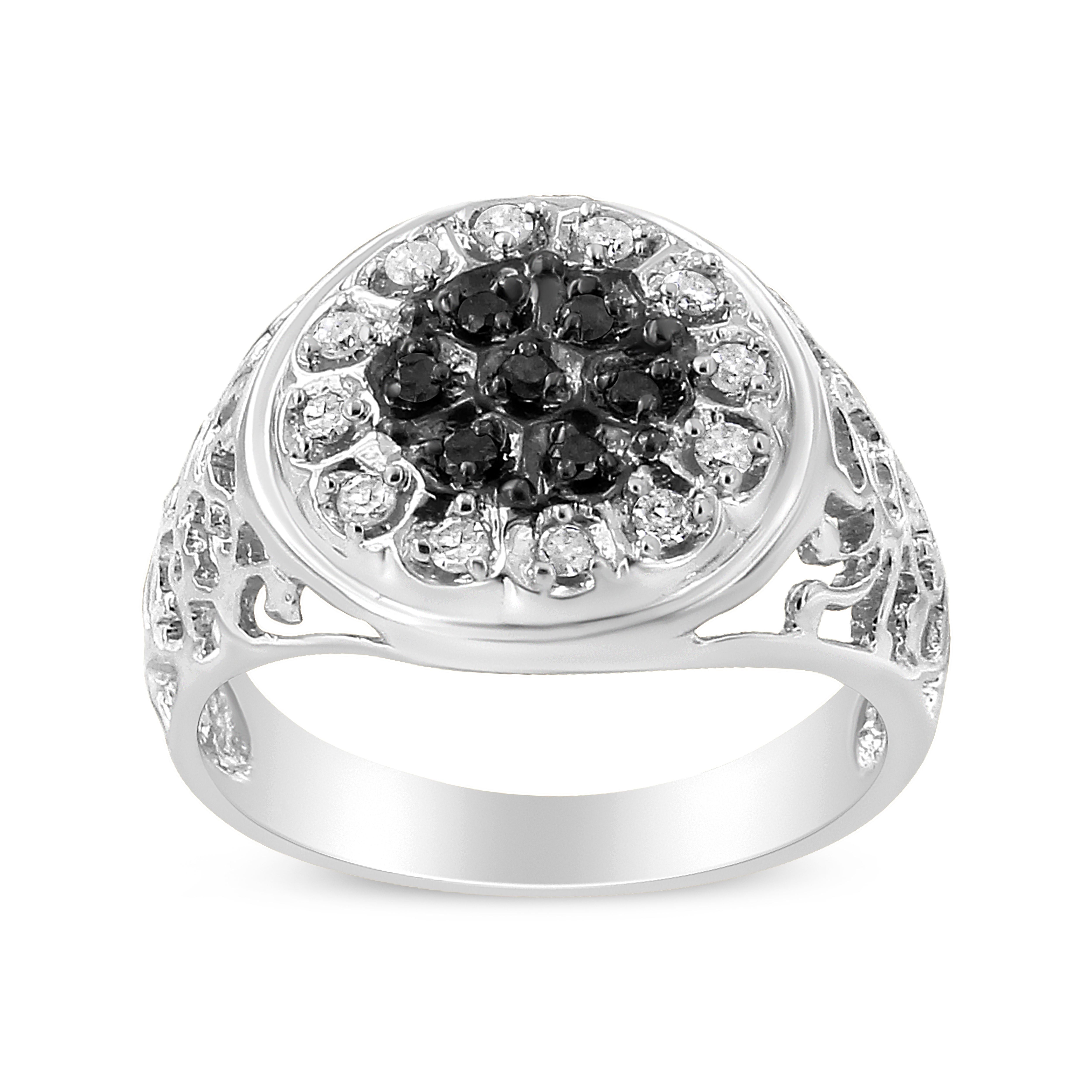.925 Sterling Silver 1/4 Cttw White and Black Treated Diamond Halo Cluster Ring for Men (I-J Color, I3 Clarity) - Size 10