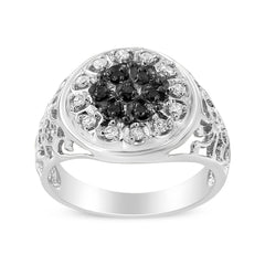 .925 Sterling Silver 1/4 Cttw White and Black Treated Diamond Halo Cluster Ring for Men (I-J Color, I3 Clarity) - Size 10