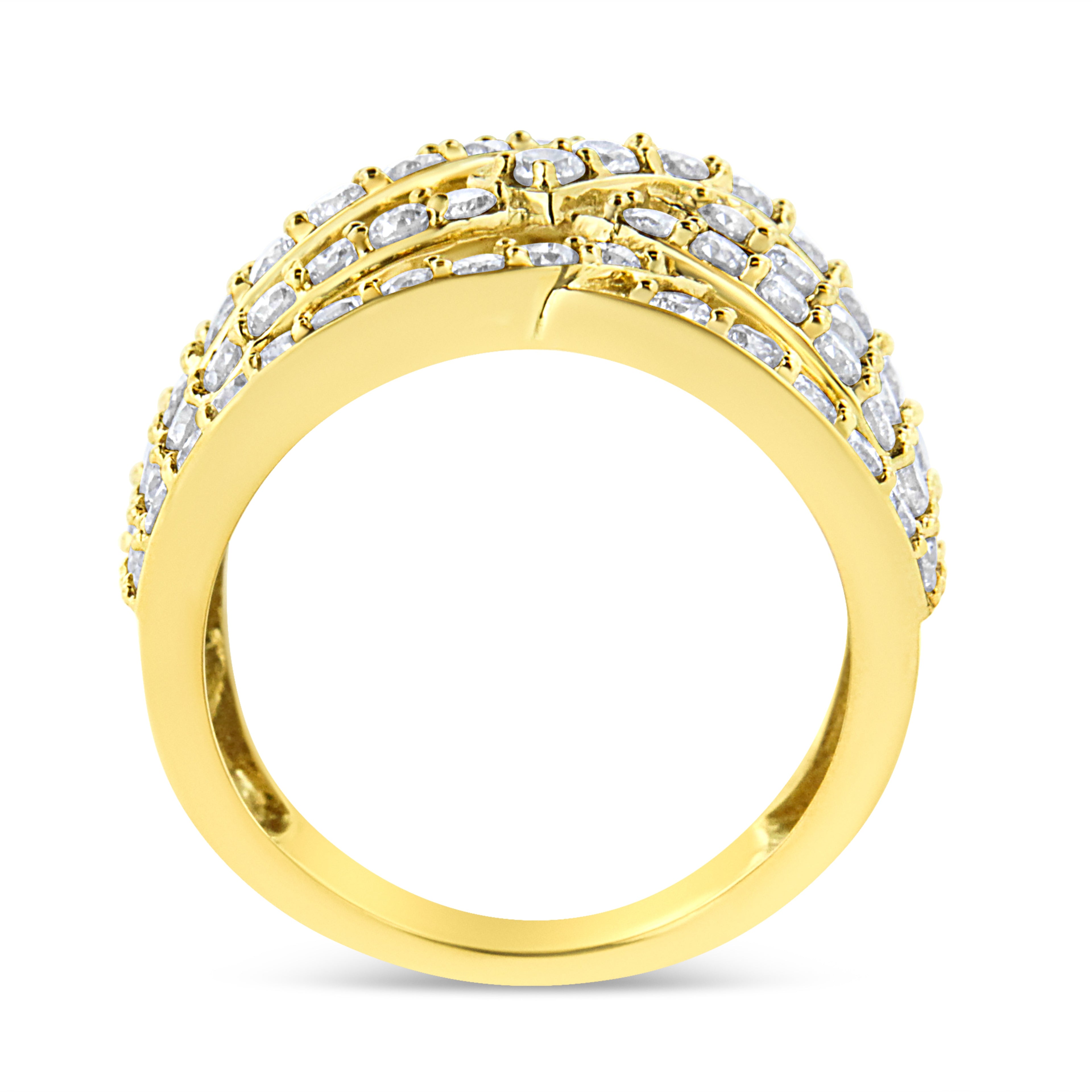 10K Yellow Gold 3.00 Cttw Diamond Multi Row Bypass Wave Cocktail Band Ring (J-K Color, I1-I2 Clarity) - Ring Size 9