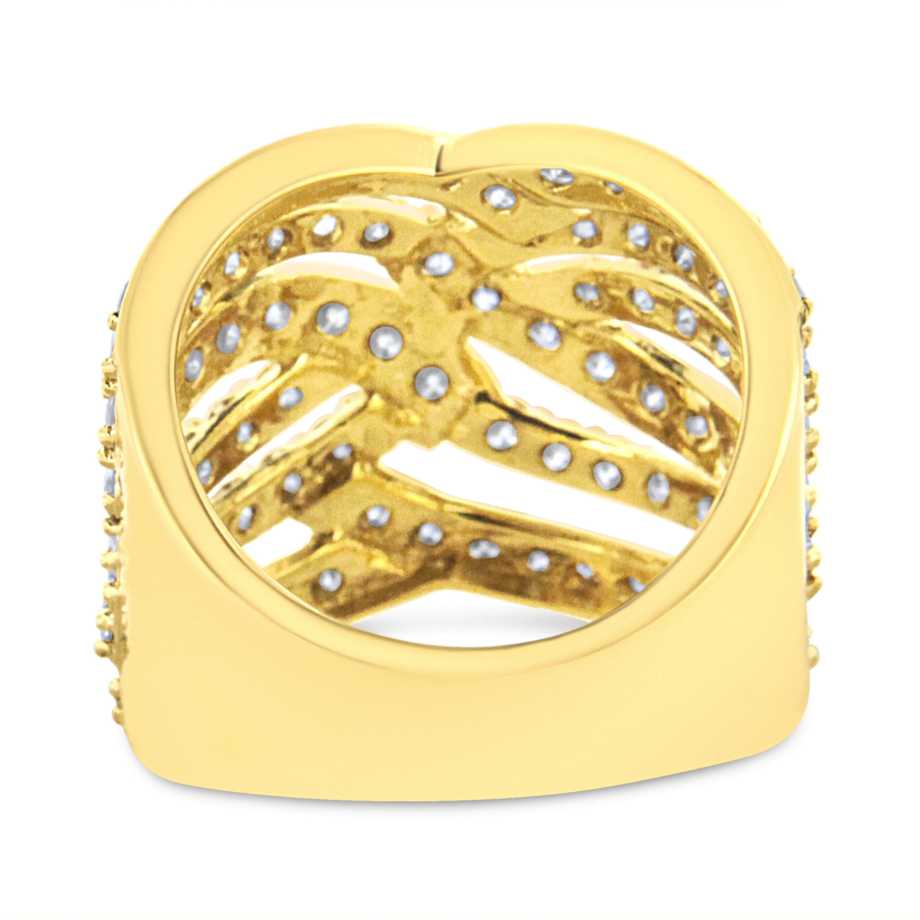 10K Yellow Gold 3.00 Cttw Diamond Multi Row Bypass Wave Cocktail Band Ring (J-K Color, I1-I2 Clarity) - Ring Size 9