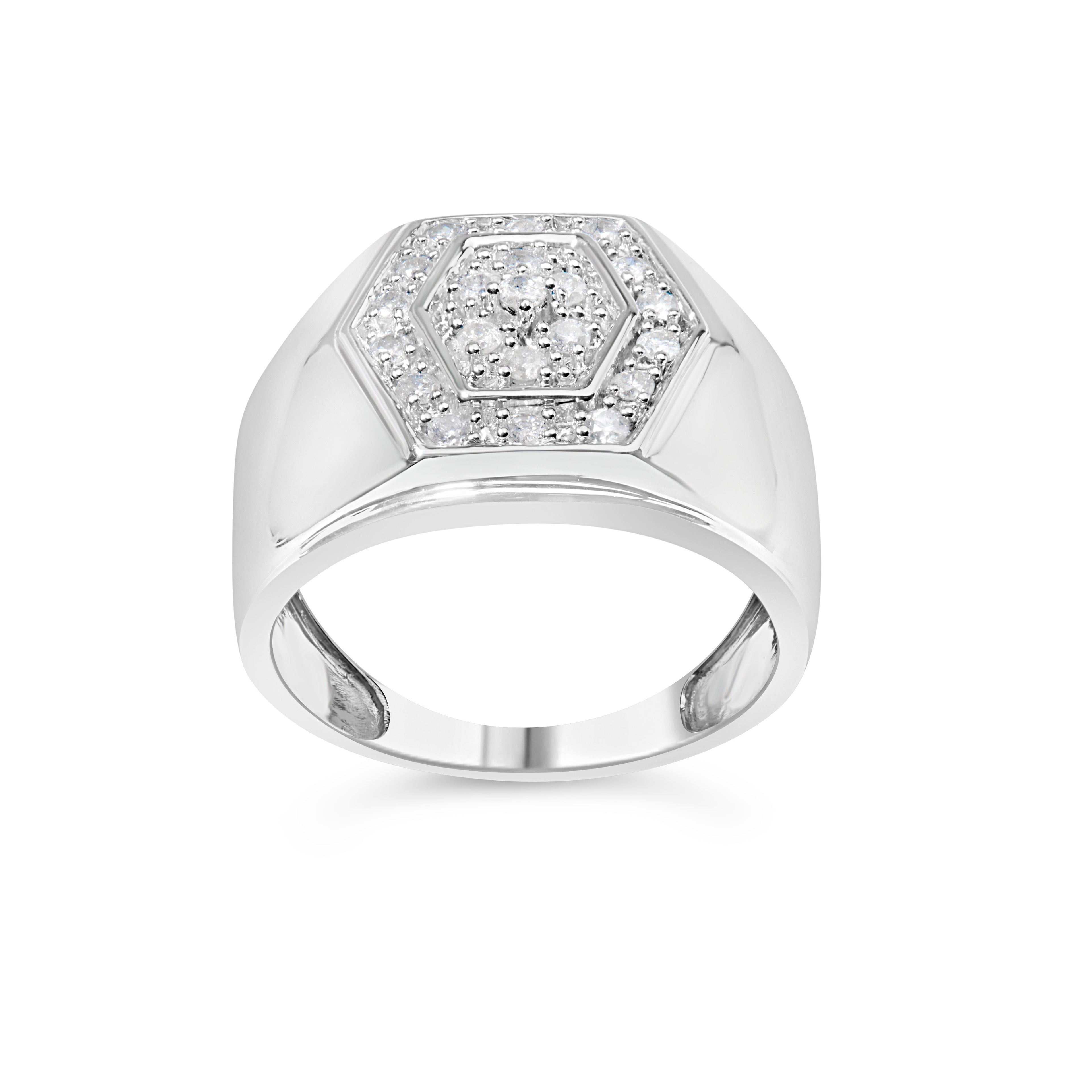 Men's .925 Sterling Silver 1/2 Cttw Multi-Diamond Hexagon Frame Ring (I-J Color, I3 Clarity) - Ring Size 11