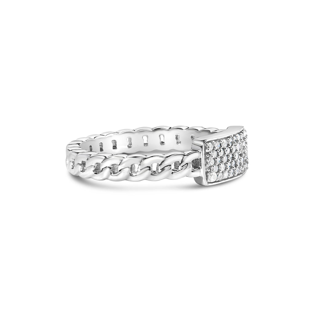 .925 Sterling Silver 1/5 Cttw Diamond ID and Cuban Link Band Ring (I-J Color, I2-I3 Clarity) - Ring Size 7