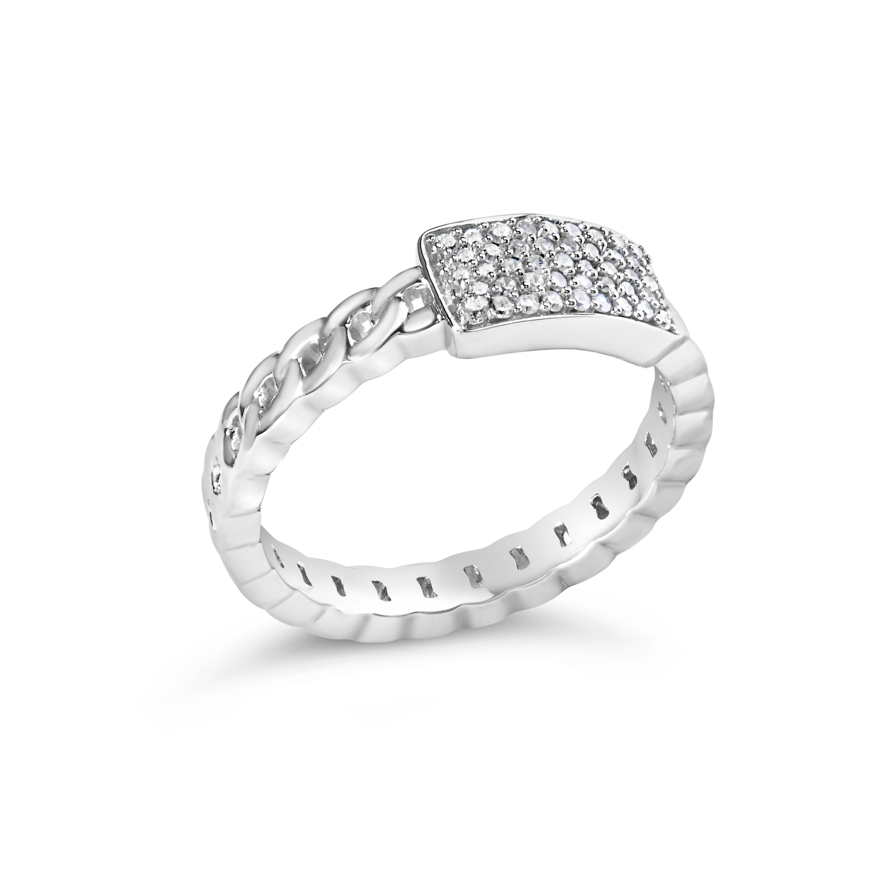.925 Sterling Silver 1/5 Cttw Diamond ID and Cuban Link Band Ring (I-J Color, I2-I3 Clarity) - Ring Size 7
