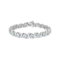 سوار من الذهب الأبيض عيار 14 قيراطًا مرصّع بالماس المستدير اللامع بتصميم عنقود الأزهار ووصلات S، وزن إجمالي 7.37 قيراط (لون H-I، نقاء SI2-I1) - طول 7 بوصات