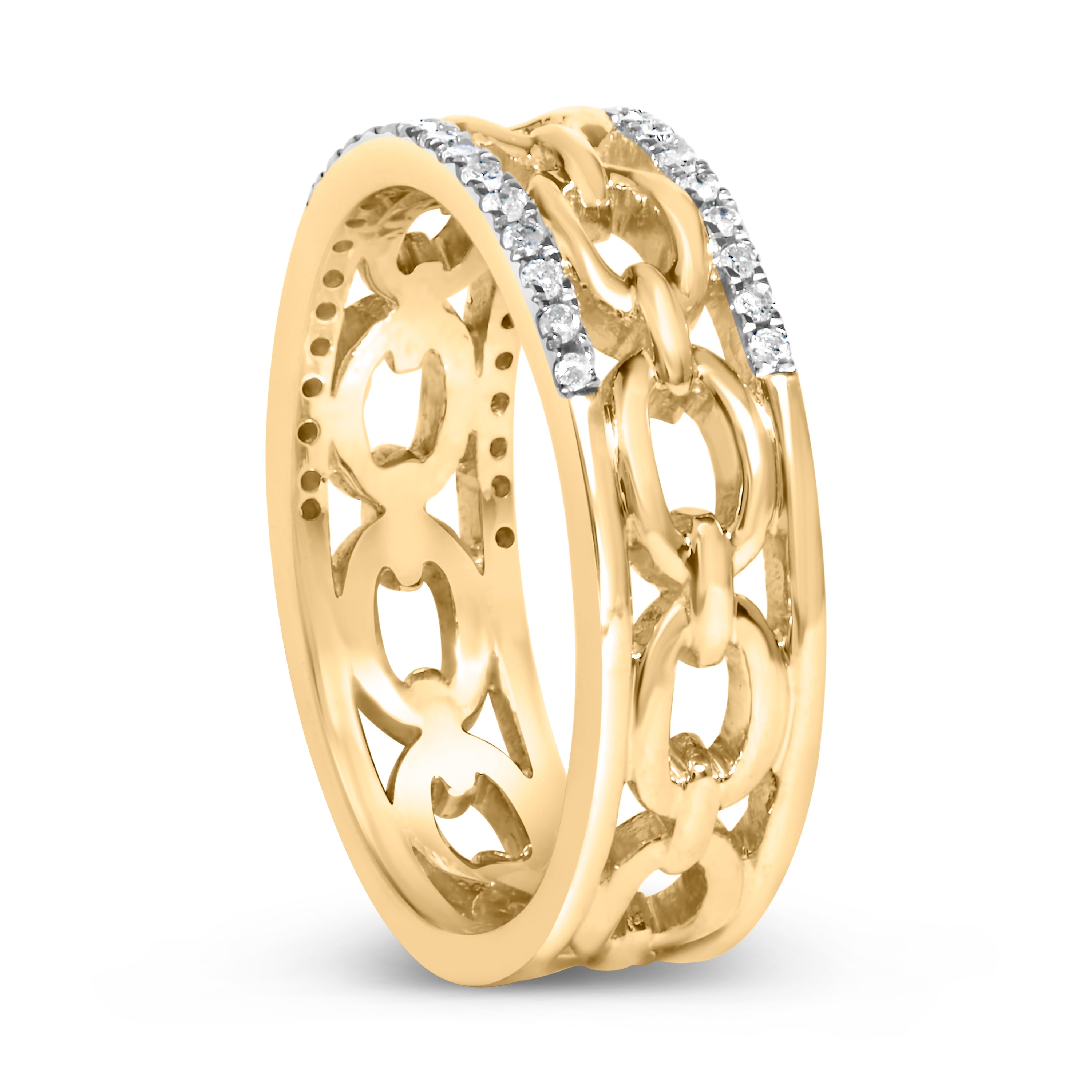 10K Yellow Gold 1/5 Cttw Diamond Two Row Cuban Link Ring (I-J Color, I2-I3 Clarity) - Size 9