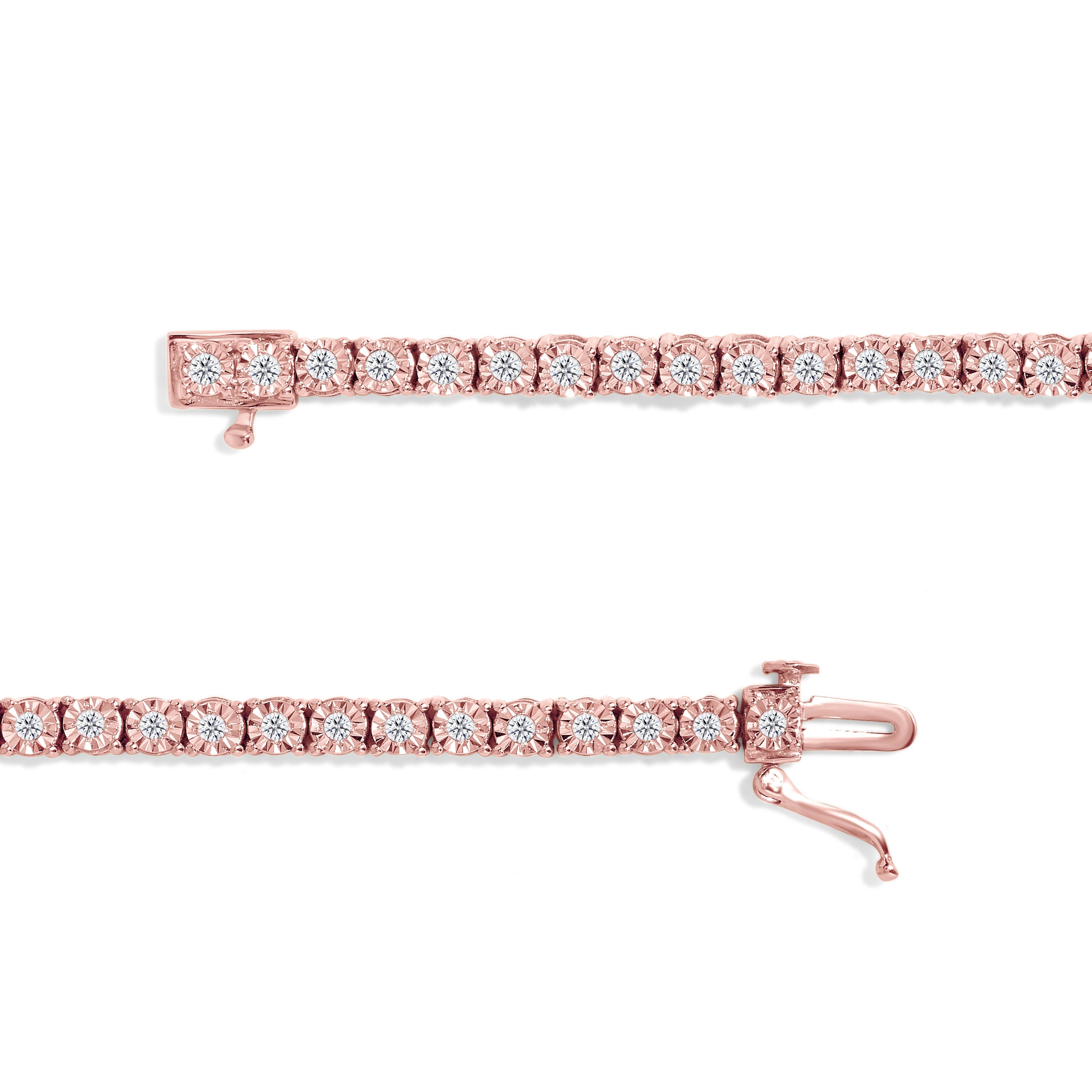 10K Rose Gold Plated .925 Sterling Silver 1.0 Cttw Miracle-Set Diamond Round Faceted Bezel Tennis Bracelet (I-J Color, I3 Clarity) - 5"