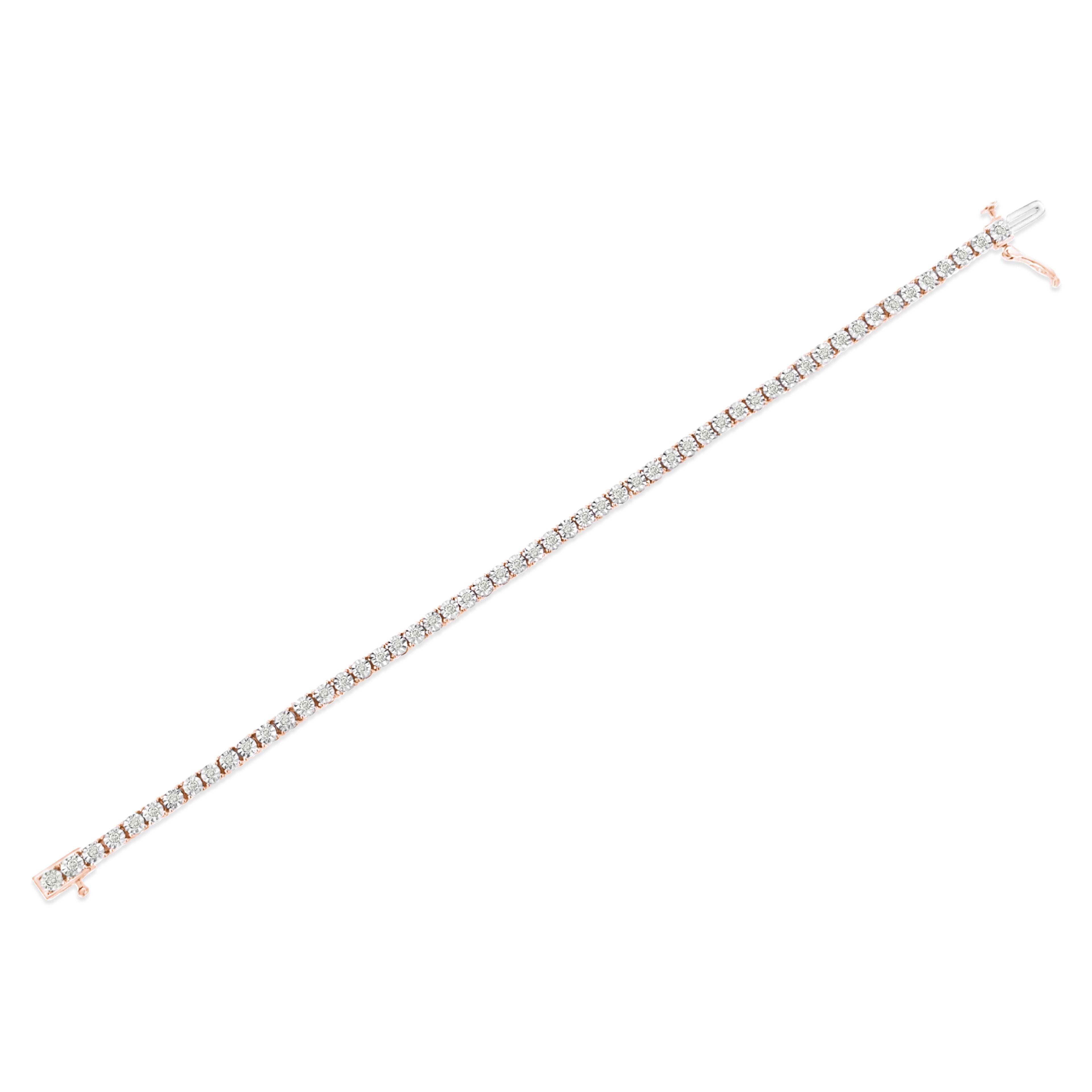 10K Rose Gold Plated .925 Sterling Silver 1.0 Cttw Miracle-Set Diamond Round Faceted Bezel Tennis Bracelet (I-J Color, I3 Clarity) - 5"