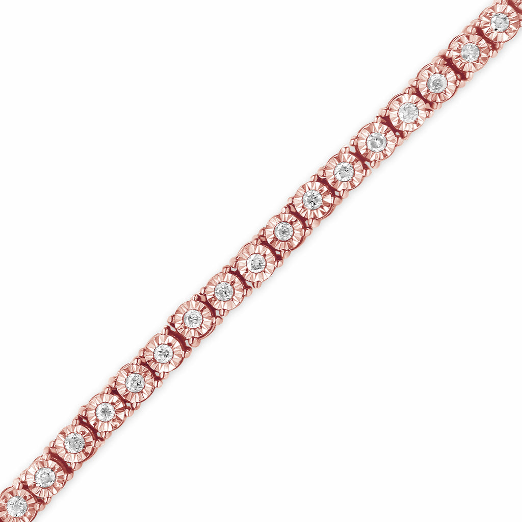 10K Rose Gold Plated .925 Sterling Silver 1.0 Cttw Miracle-Set Diamond Round Faceted Bezel Tennis Bracelet (I-J Color, I3 Clarity) - 5"