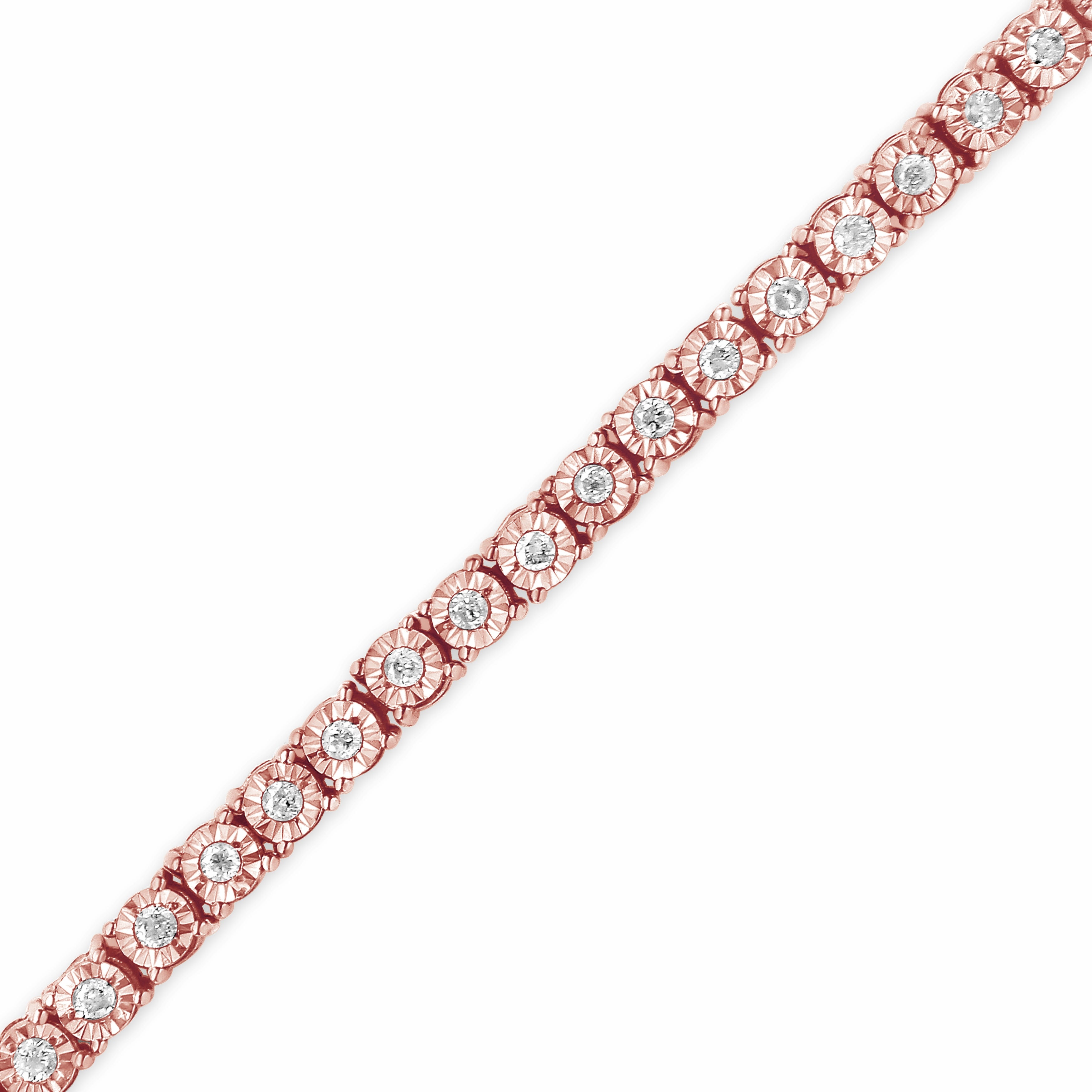 10K Rose Gold Plated .925 Sterling Silver 1.0 Cttw Miracle-Set Diamond Round Faceted Bezel Tennis Bracelet (I-J Color, I3 Clarity) - 5"