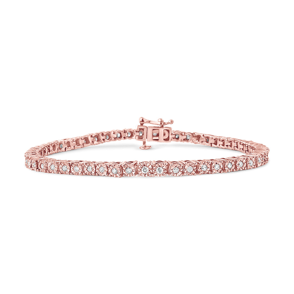 10K Rose Gold Plated .925 Sterling Silver 1.0 Cttw Miracle-Set Diamond Round Faceted Bezel Tennis Bracelet (I-J Color, I3 Clarity) - 5"