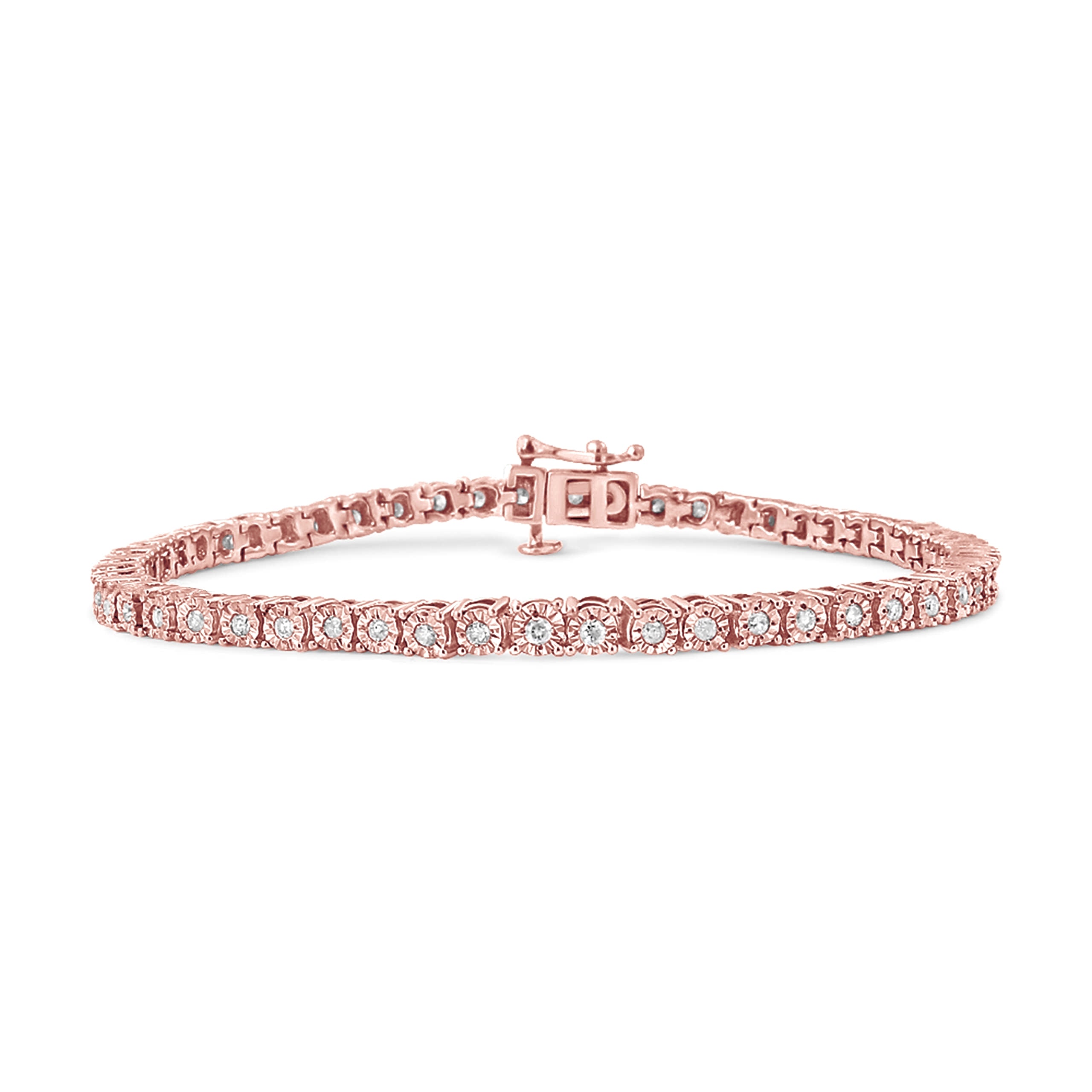 10K Rose Gold Plated .925 Sterling Silver 1.0 Cttw Miracle-Set Diamond Round Faceted Bezel Tennis Bracelet (I-J Color, I3 Clarity) - 5"