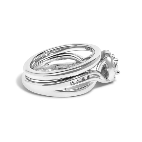 .925 Sterling Silver 1/7 Cttw Diamond Halo Bypass Engagement Ring and Wedding Band Set (I-J Color, I3 Clarity) - Size 8