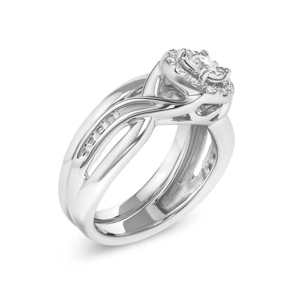 .925 Sterling Silver 1/7 Cttw Diamond Halo Bypass Engagement Ring and Wedding Band Set (I-J Color, I3 Clarity) - Size 8