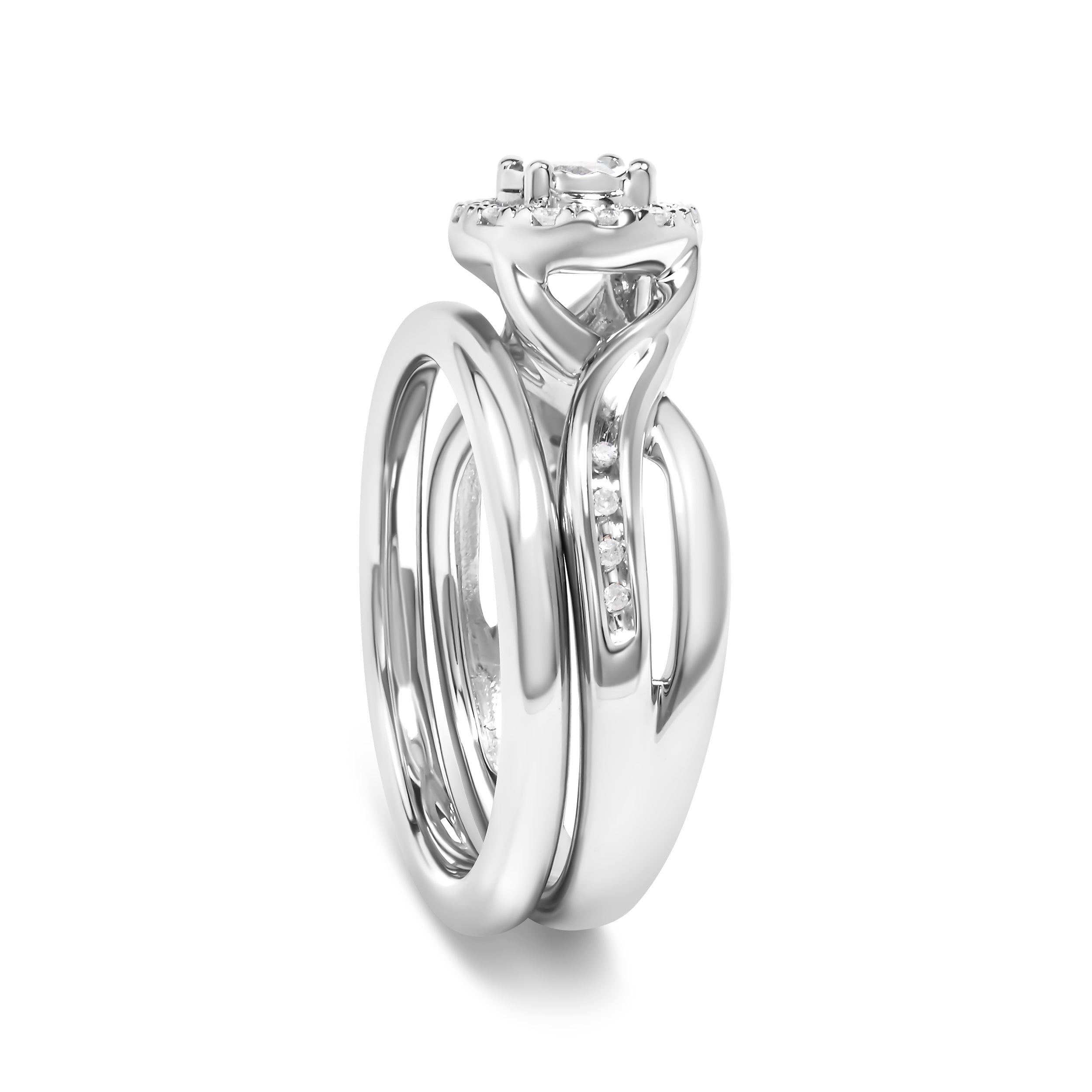.925 Sterling Silver 1/7 Cttw Diamond Halo Bypass Engagement Ring and Wedding Band Set (I-J Color, I3 Clarity) - Size 8