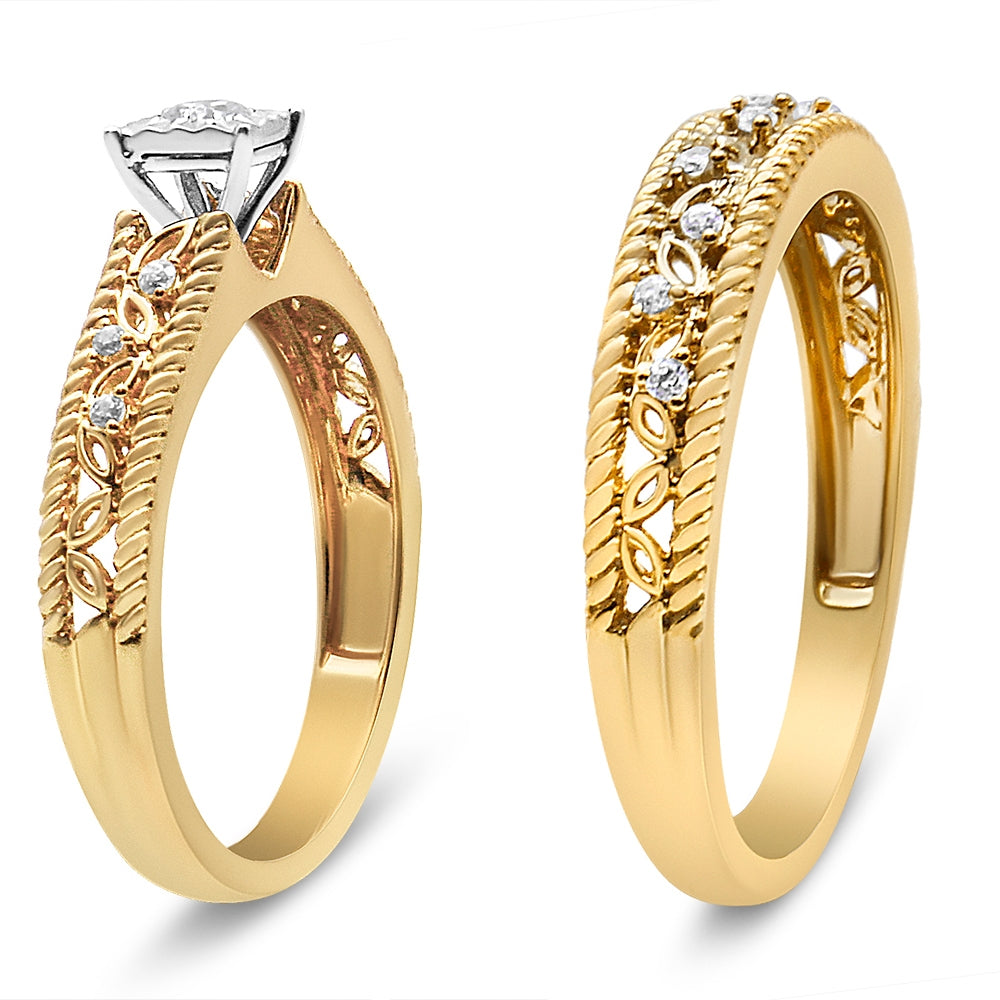 14K Yellow Gold Plated .925 Sterling Silver 1/5 Cttw Diamond Art Deco Style Engagement Ring Bridal Set (I-J Color, I3 Clarity) - Ring Size 5