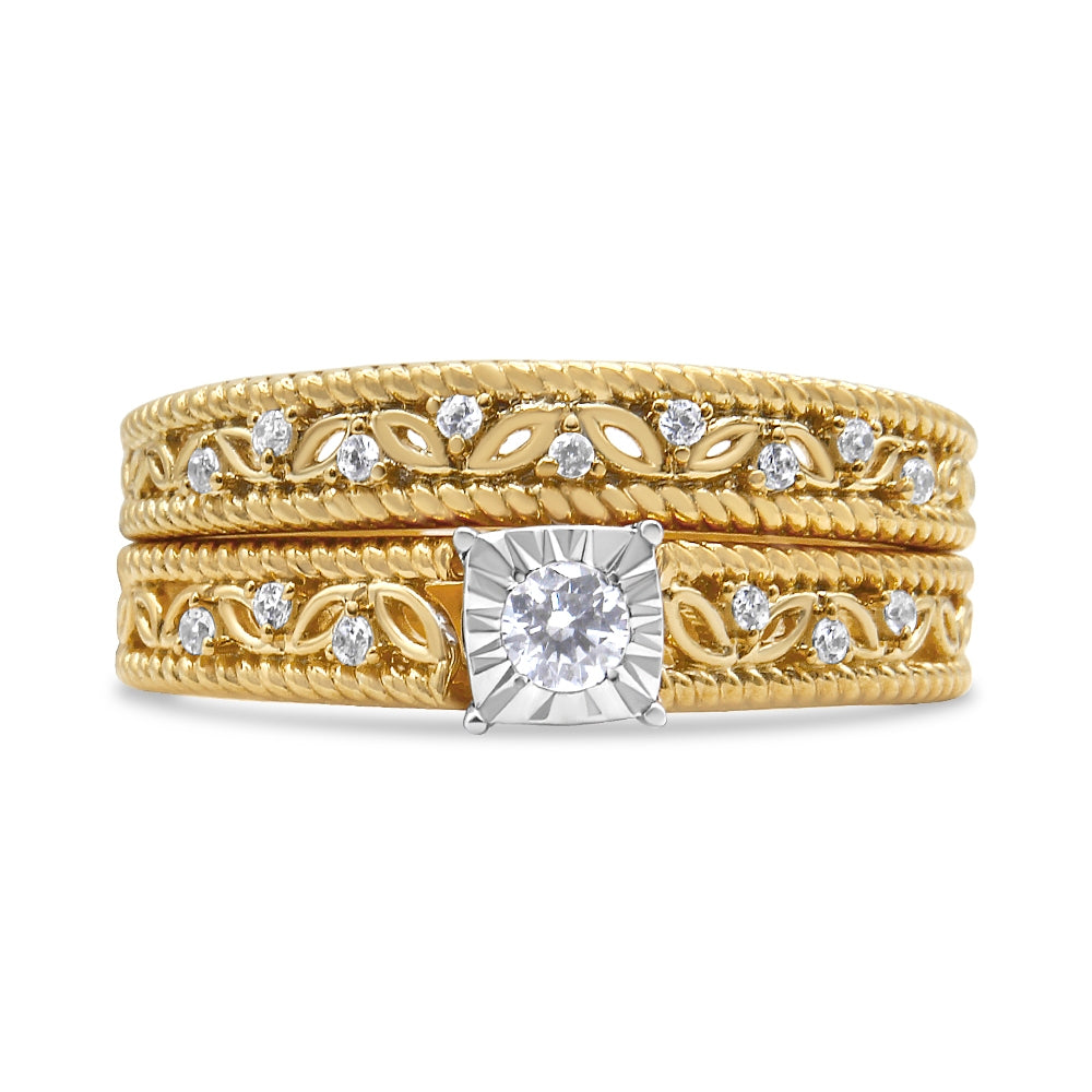14K Yellow Gold Plated .925 Sterling Silver 1/5 Cttw Diamond Art Deco Style Engagement Ring Bridal Set (I-J Color, I3 Clarity) - Ring Size 5
