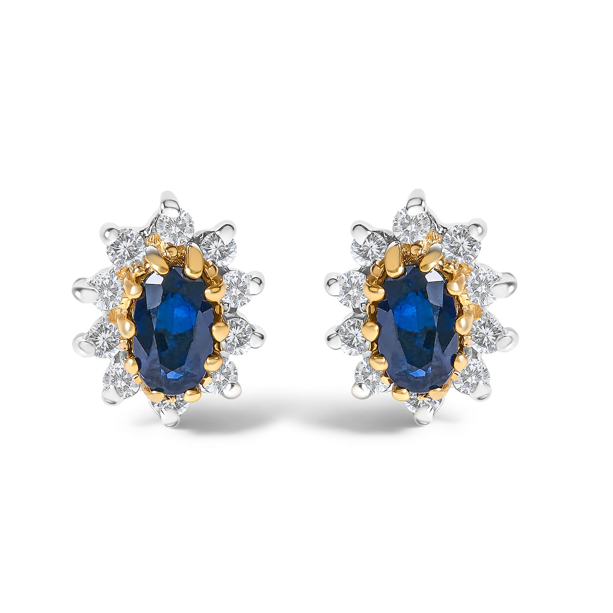 أقراط مرصعة بتصميم هالة مشعة للشمس من الذهب الأصفر عيار 14 قيراطًا، مرصعة بالألماس بوزن 1/4 قيراط وياقوت أزرق (لون K-L، نقاء I1-I2)